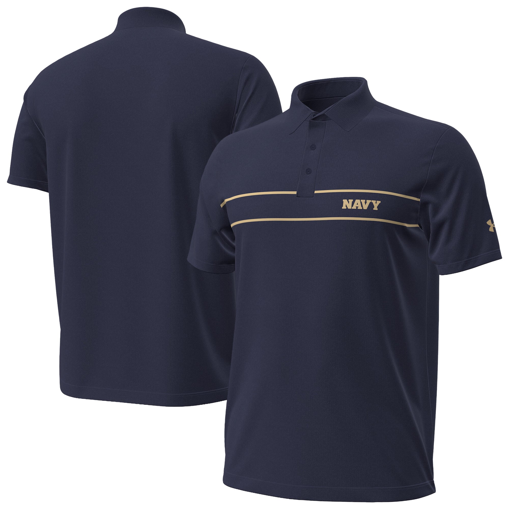 Polo Under Armour bleu marine pour homme, modèle Midshipmen 2026, à rayures sur la poitrine, édition spéciale séries éliminatoires.
