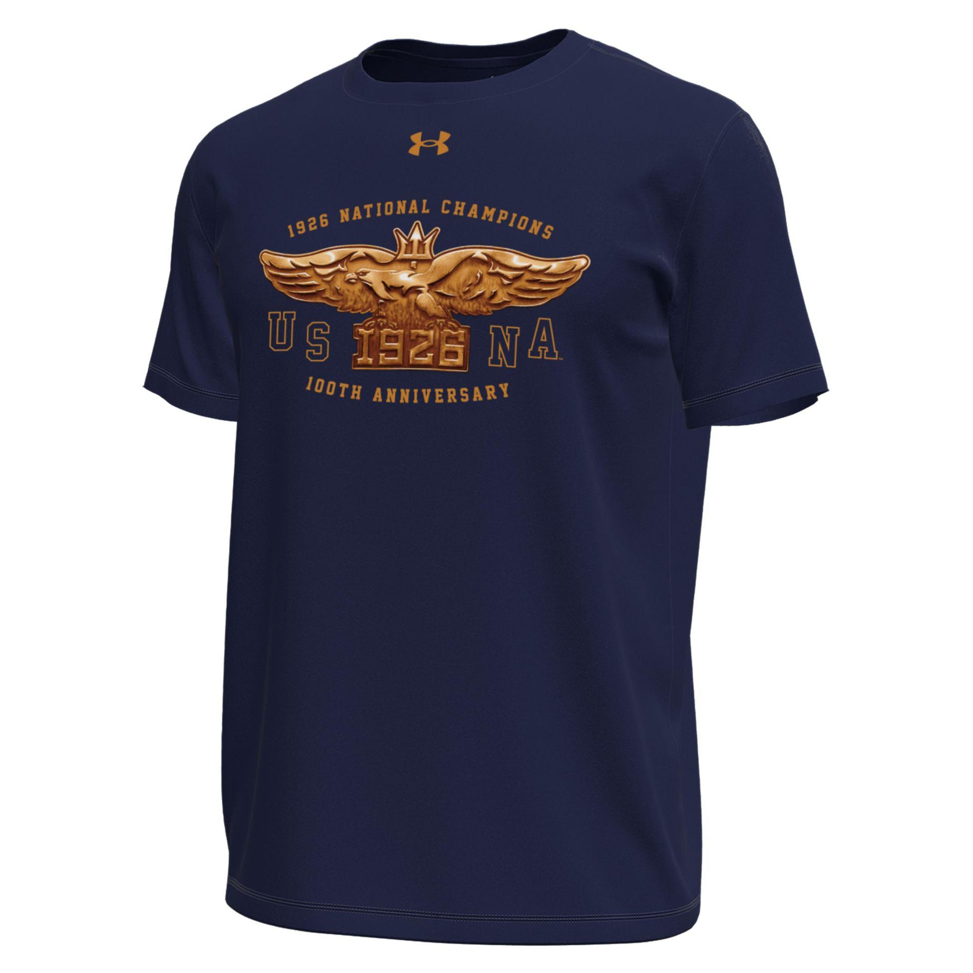 T-shirt Under Armour Vegas Gold Navy Midshipmen National Championship 100e anniversaire Core Tech Stretch pour homme