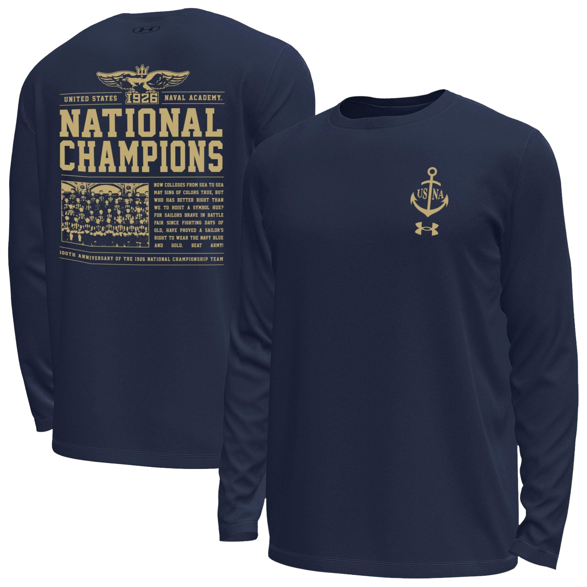 T-shirt à manches longues Under Armour blanc et marine pour homme, édition spéciale 100e anniversaire du championnat national des Midshipmen.