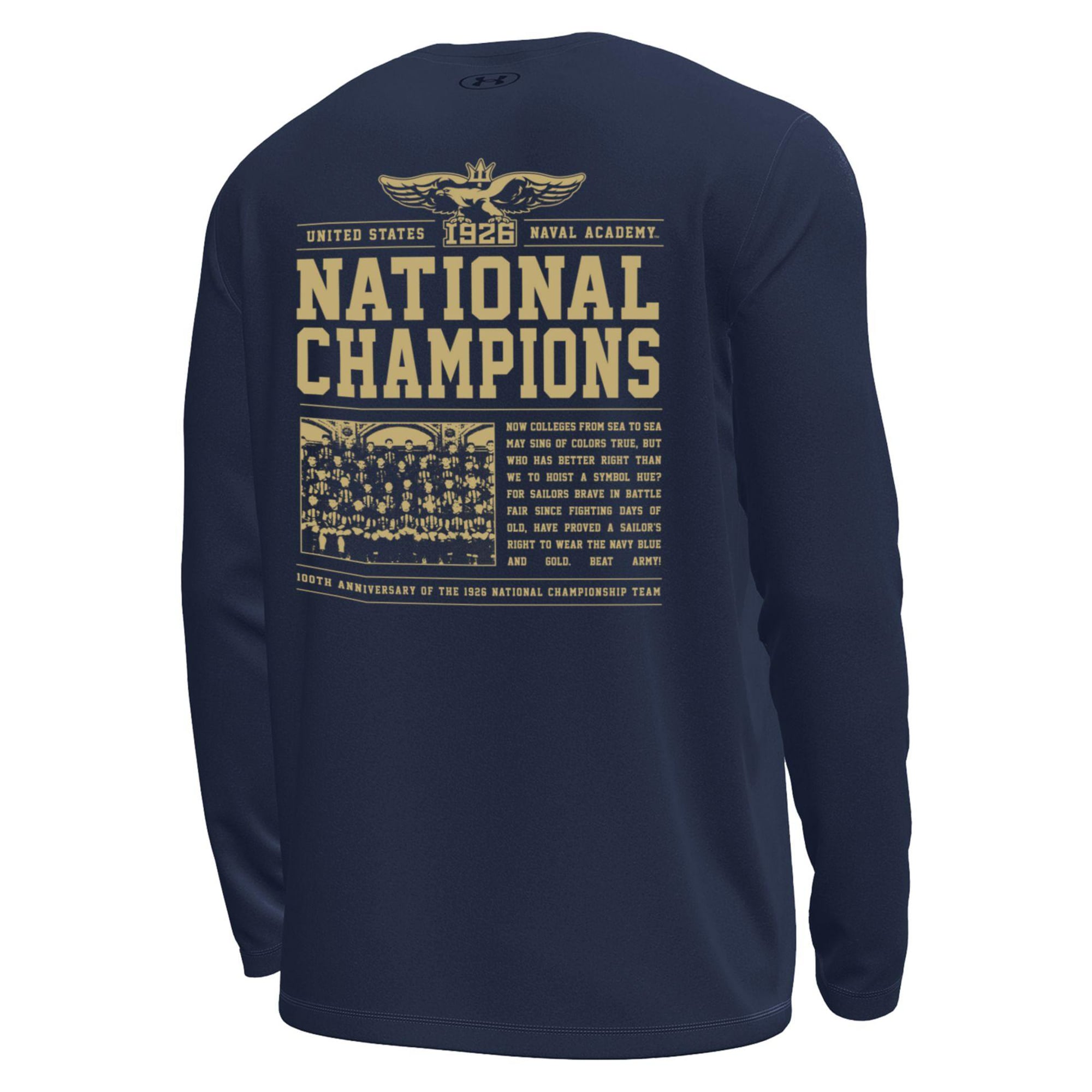 T-shirt à manches longues Under Armour blanc et marine pour homme, édition spéciale 100e anniversaire du championnat national des Midshipmen.