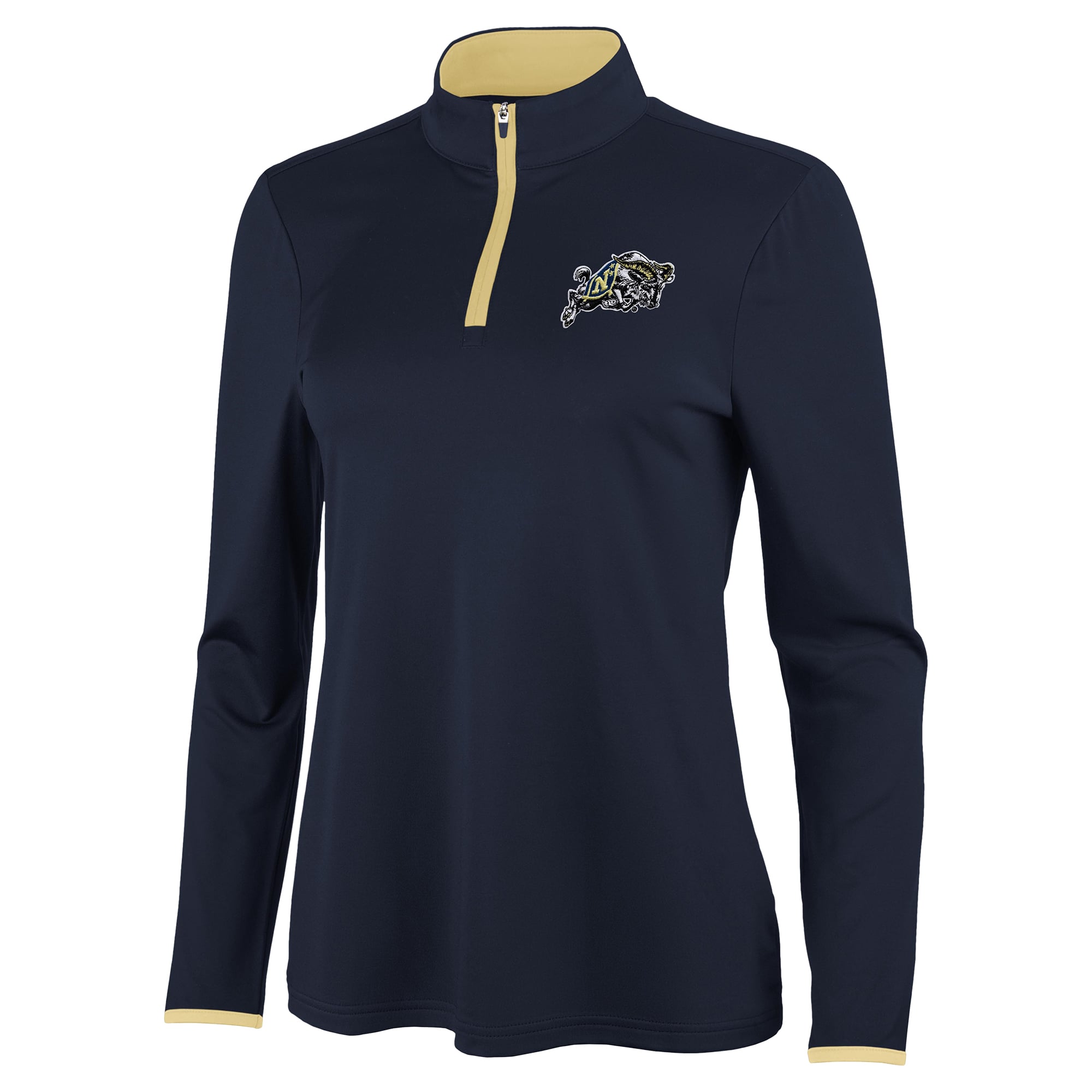 Pull à col zippé Antigua pour femme, bleu marine/or, style Midshipmen.