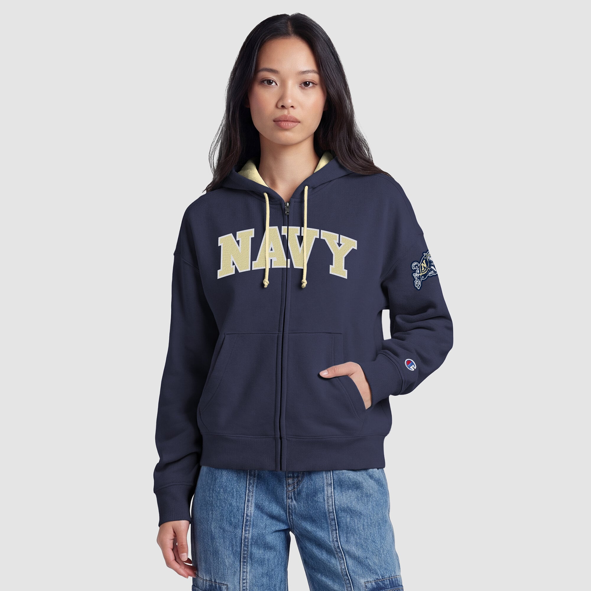 Sweat à capuche zippé en polaire Champion Navy Midshipmen Arch pour femme