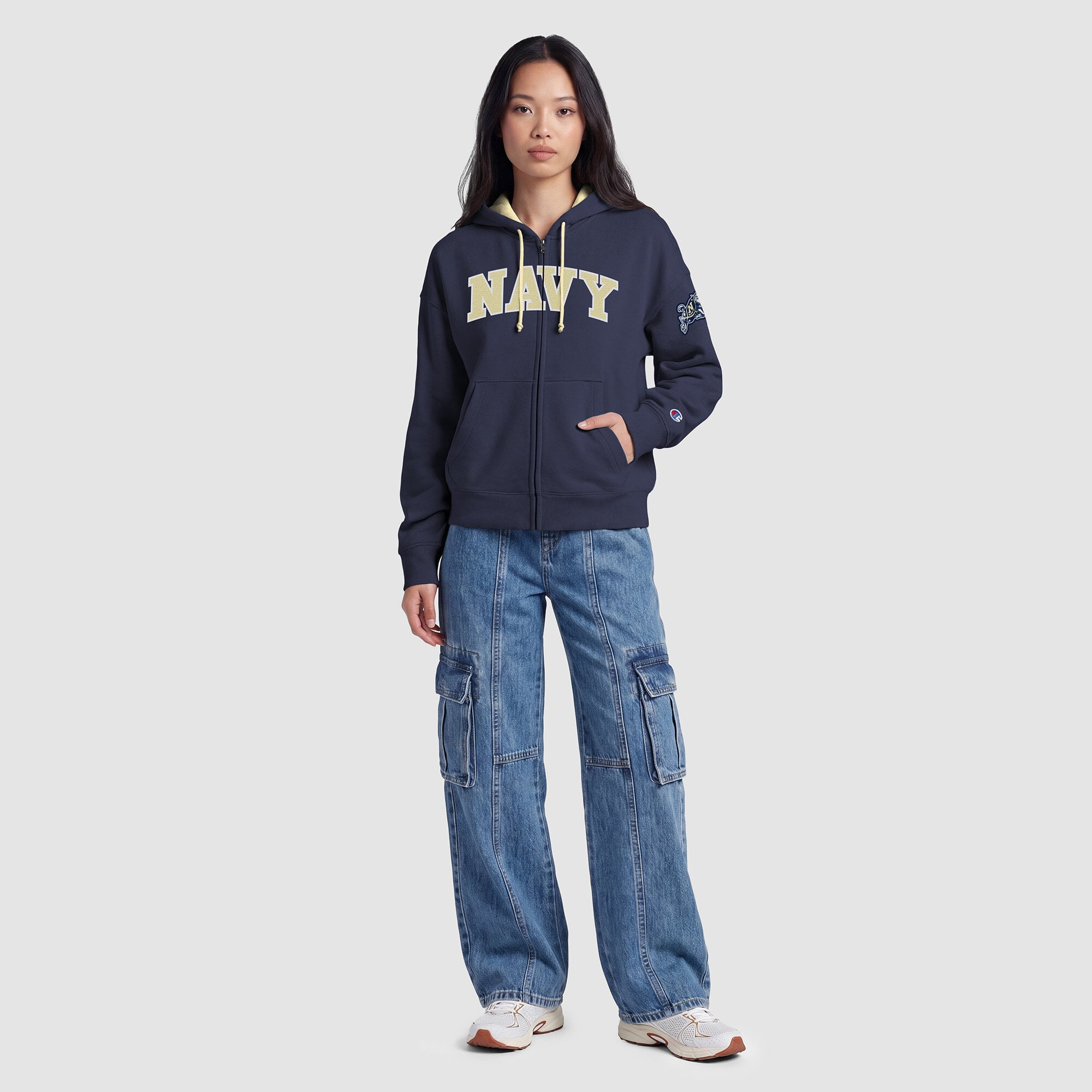 Sweat à capuche zippé en polaire Champion Navy Midshipmen Arch pour femme