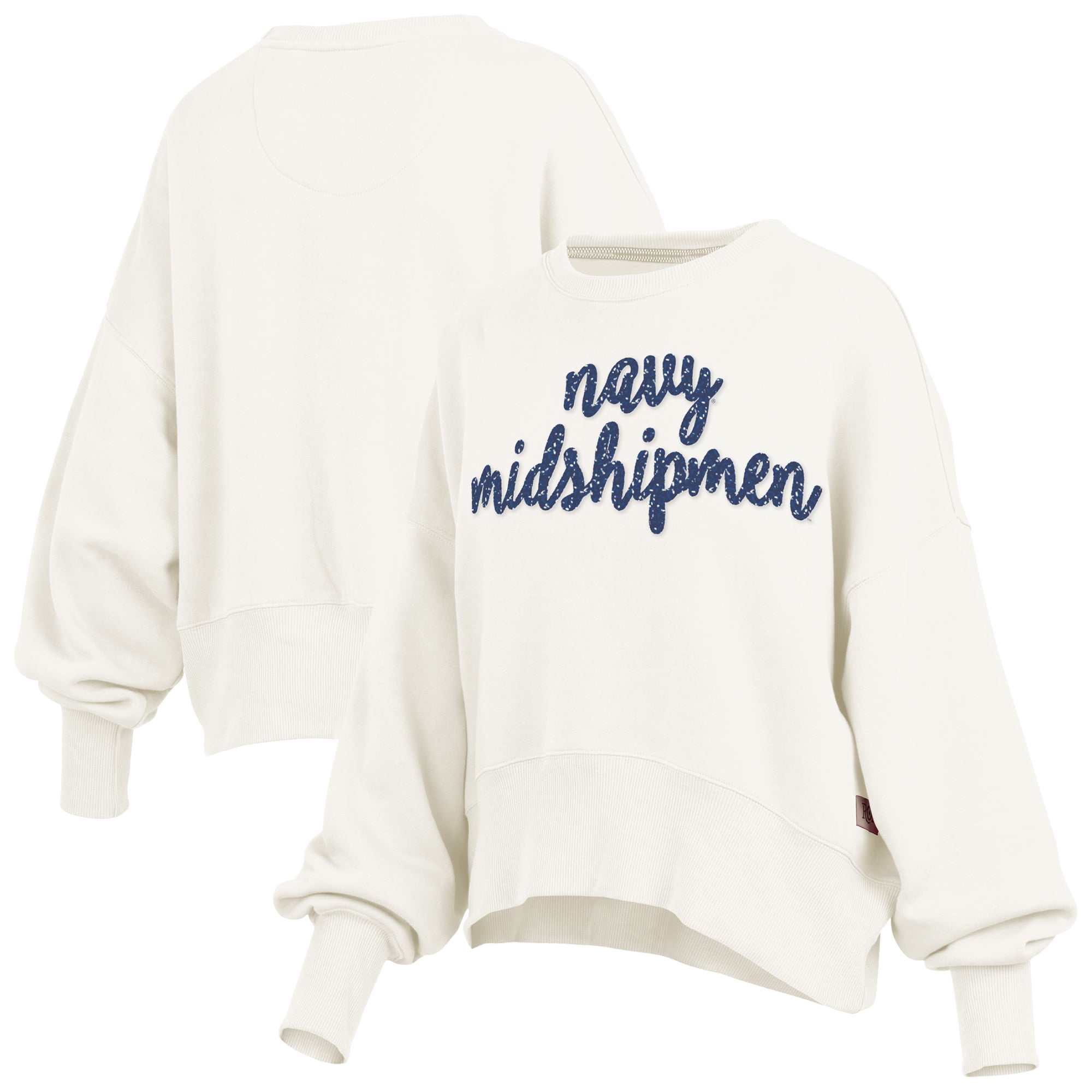 Women's Pressbox Cream Navy Midshipmen Oversized Chelsea Waist Length Pullover Sweatshirt