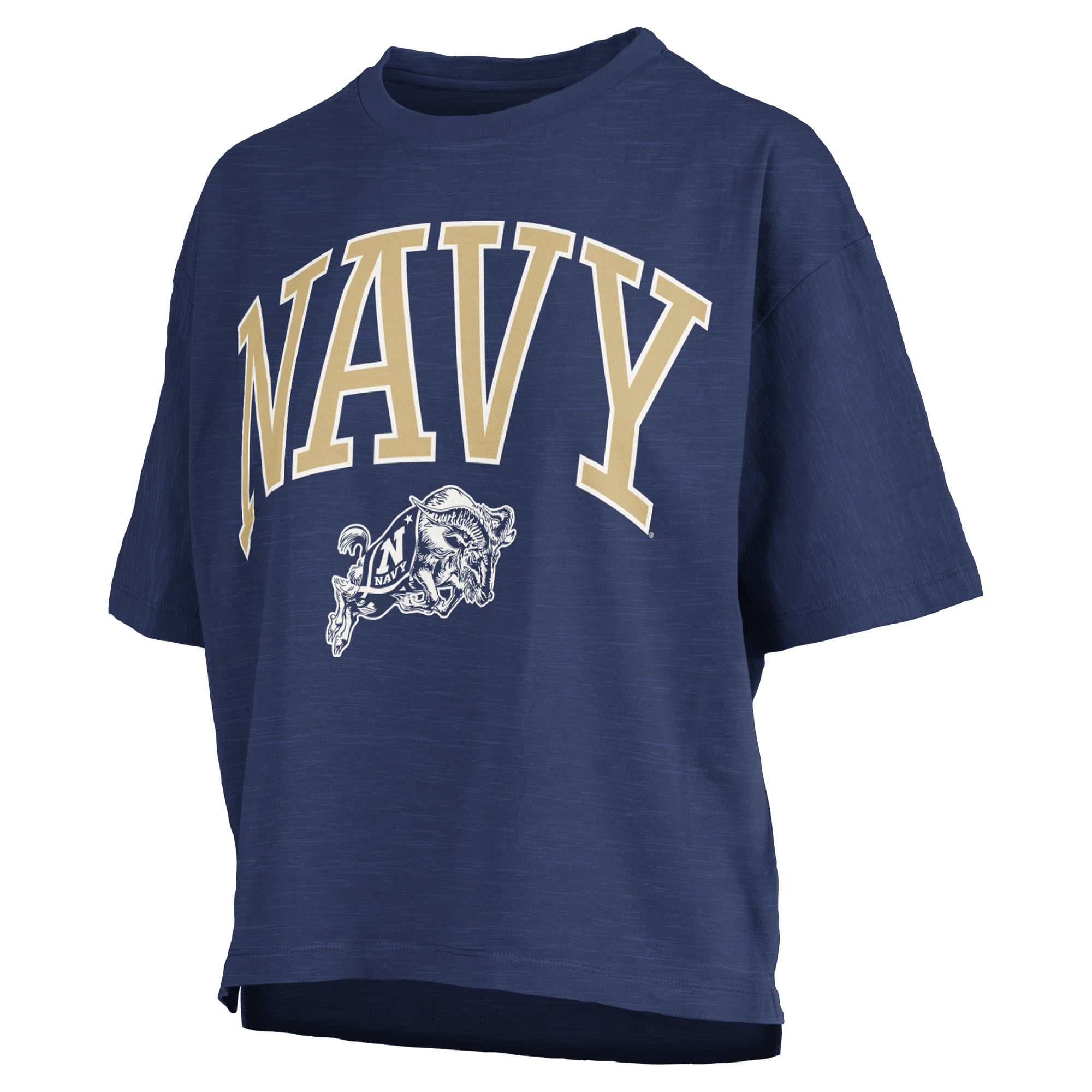 T-shirt oversize Pressbox Navy Midshipmen pour femmes, logo Nelson Arch Over, en tissu flammé.