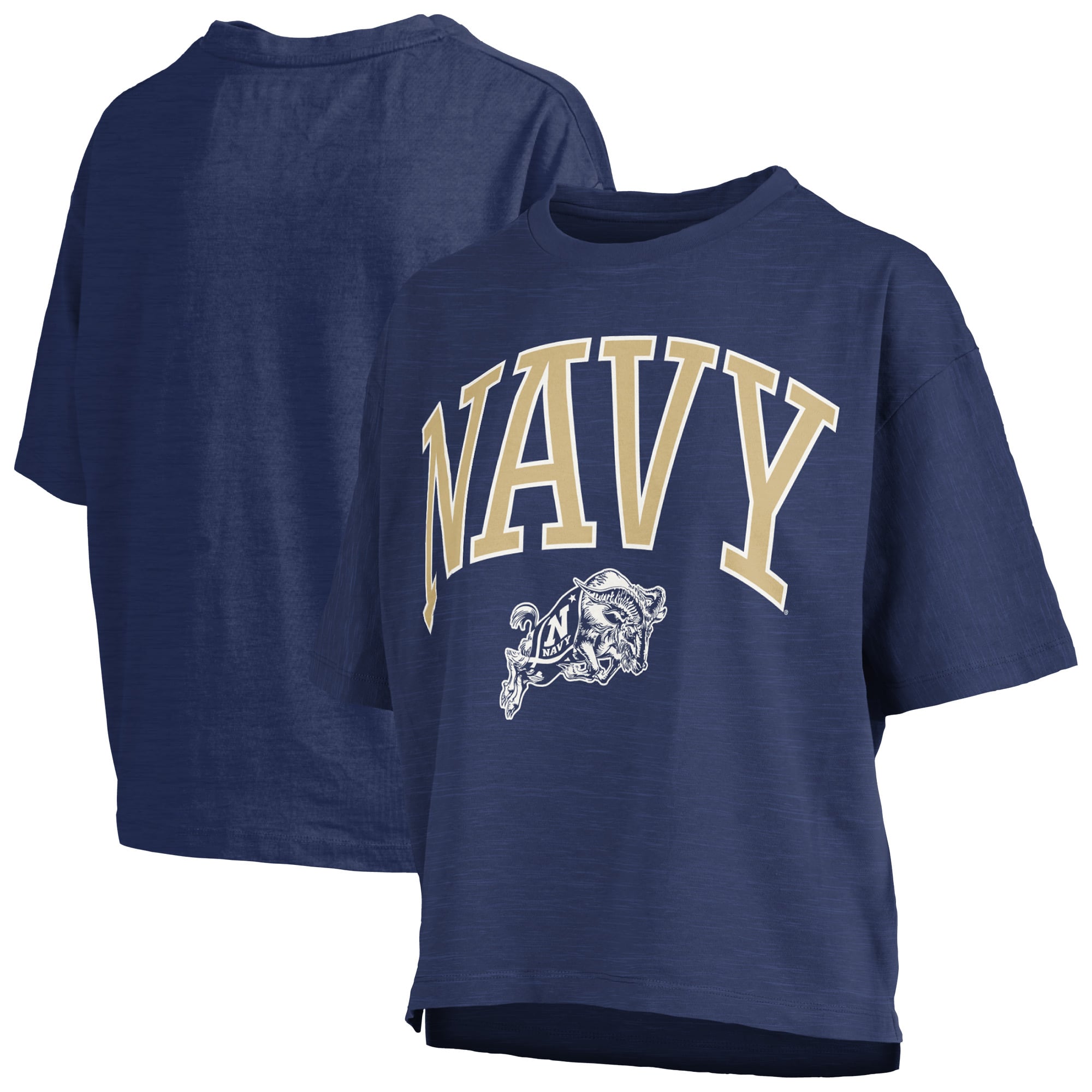 T-shirt oversize Pressbox Navy Midshipmen pour femmes, logo Nelson Arch Over, en tissu flammé.