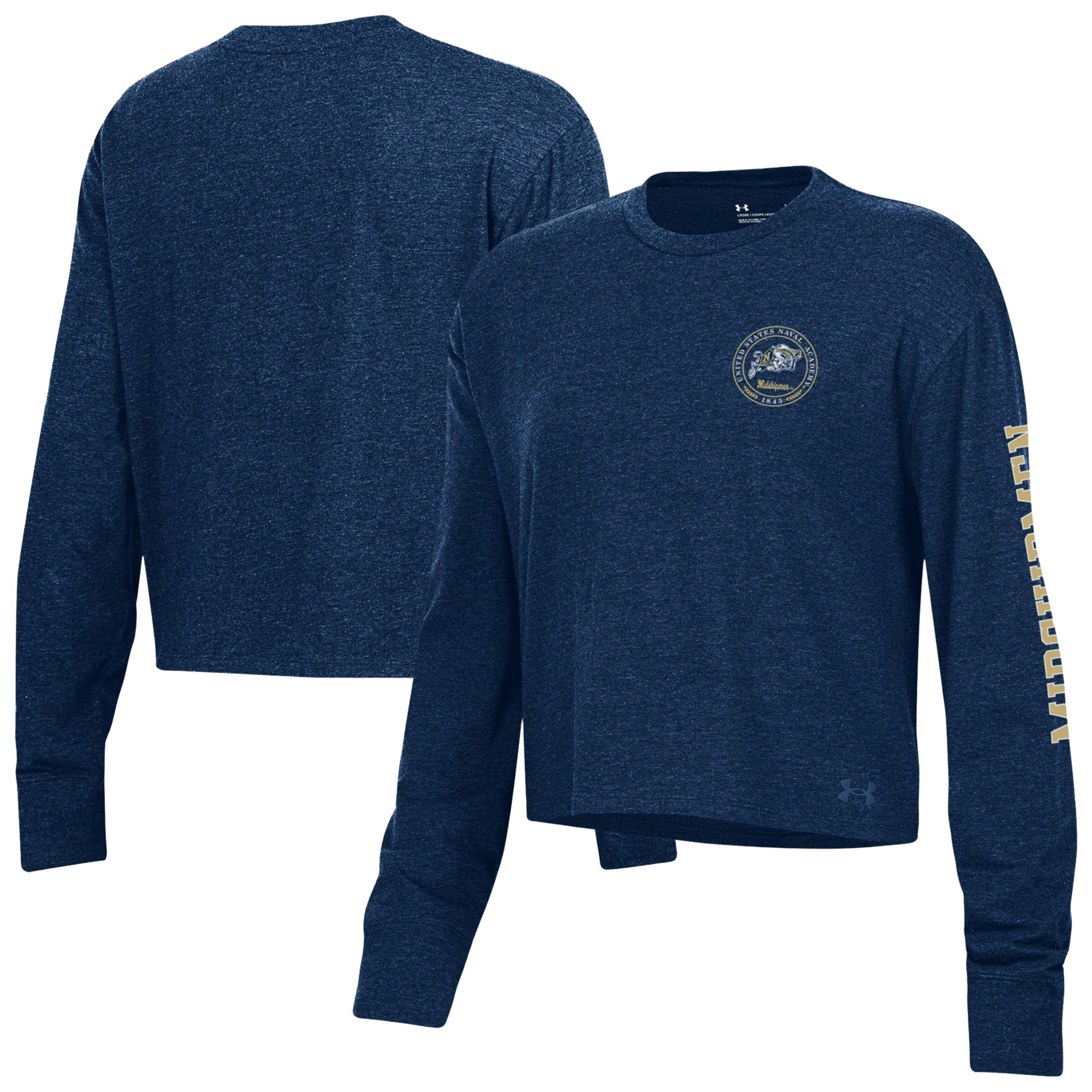 T-shirt court à manches longues Under Armour Navy Midshipmen Icon Sleeve Two-Hit pour femme, en mélange de trois matières.