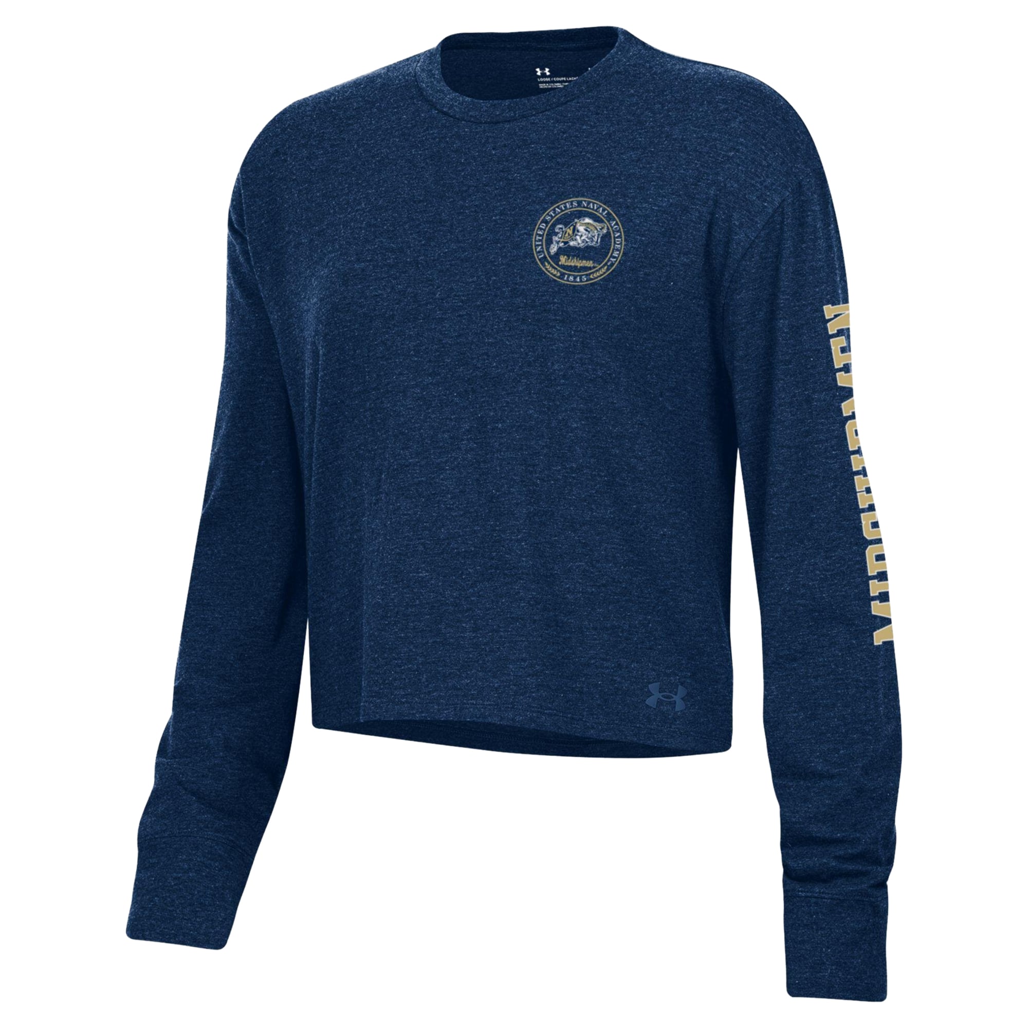 T-shirt court à manches longues Under Armour Navy Midshipmen Icon Sleeve Two-Hit pour femme, en mélange de trois matières.
