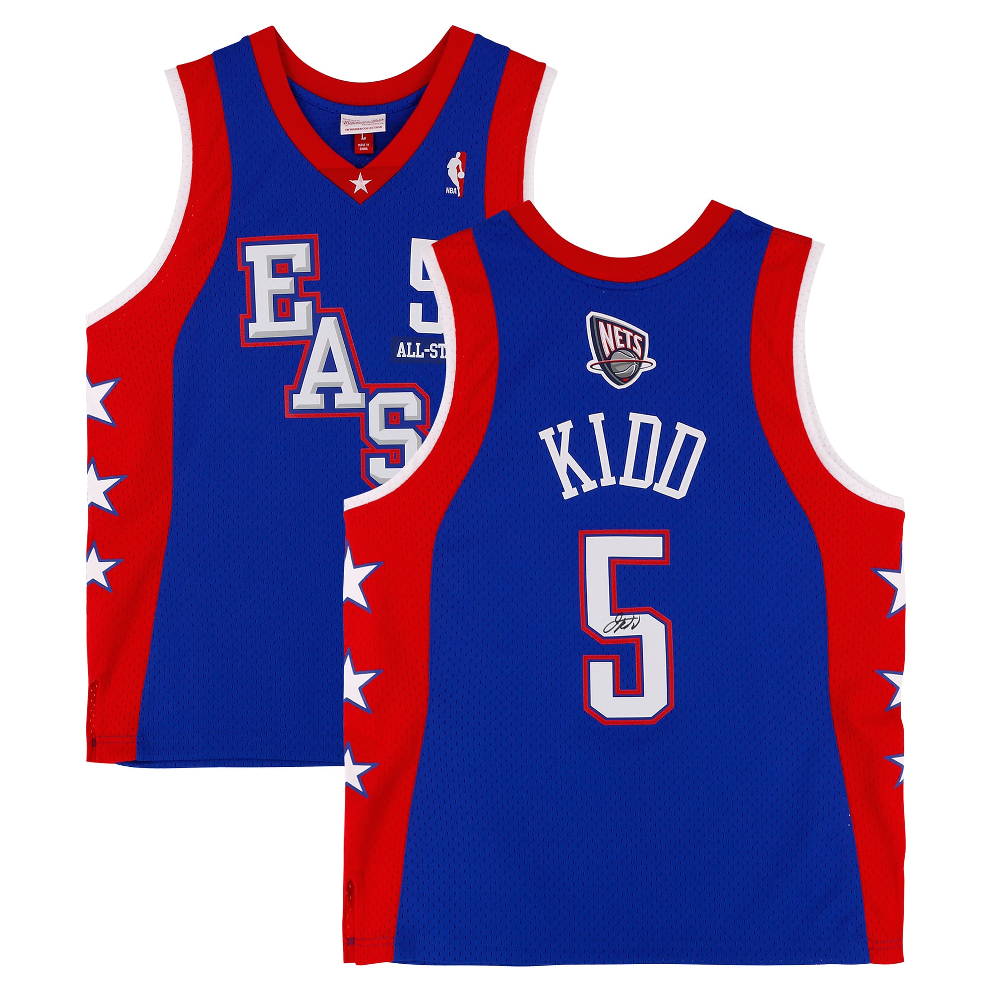 Maillot Swingman bleu Mitchell & Ness autographié par Jason Kidd, joueur All-Star de la NBA, porté lors du All-Star Game 2004.