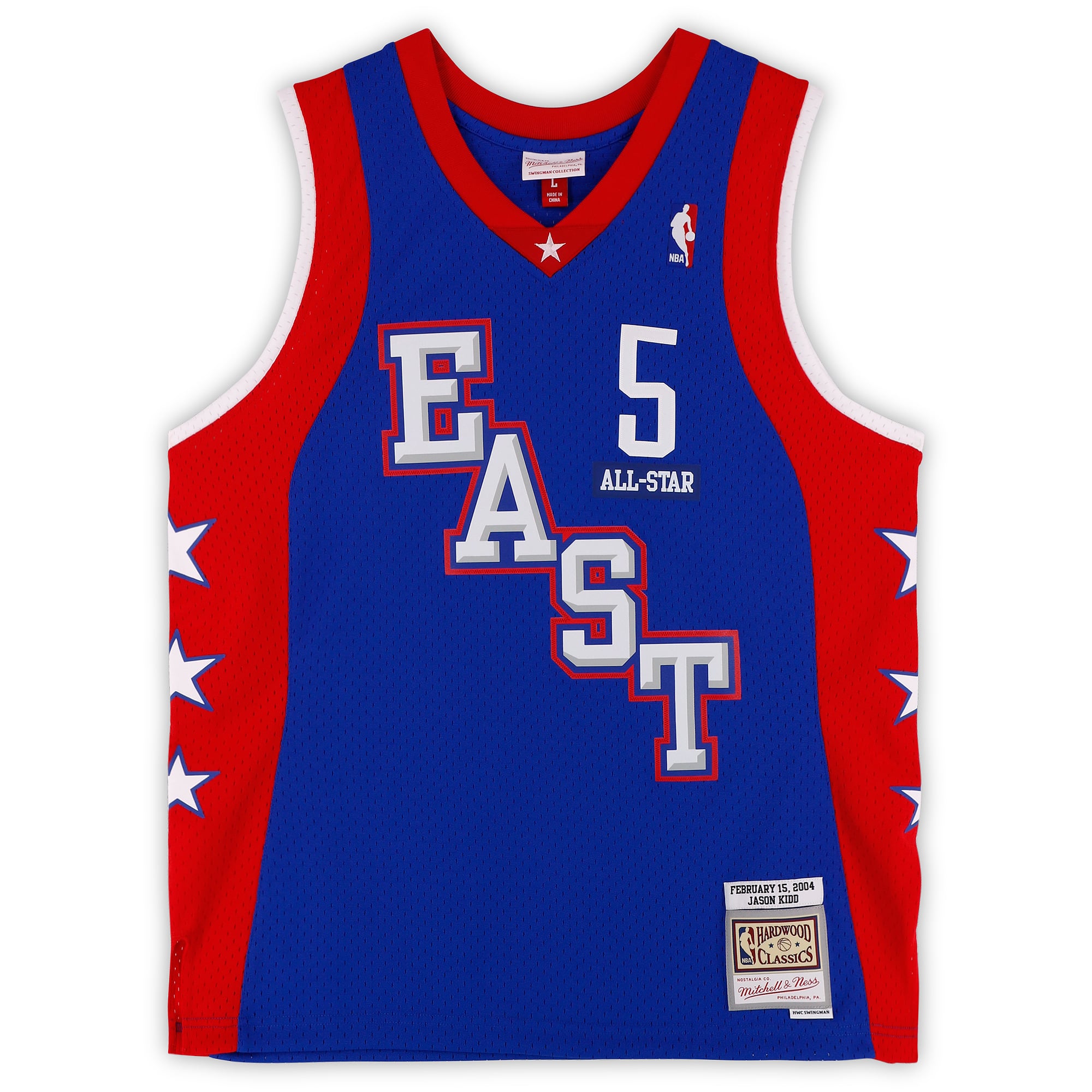 Maillot Swingman bleu Mitchell & Ness autographié par Jason Kidd, joueur All-Star de la NBA, porté lors du All-Star Game 2004.