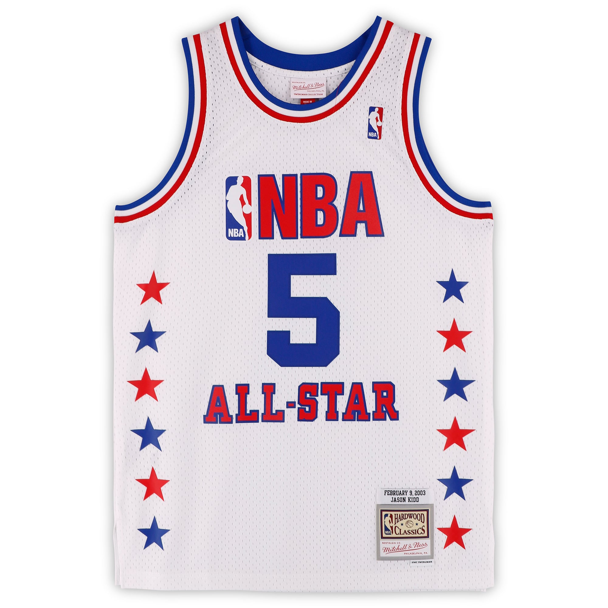 Maillot Swingman blanc Mitchell & Ness autographié par Jason Kidd, joueur All-Star de la NBA, lors du All-Star Game 2003.