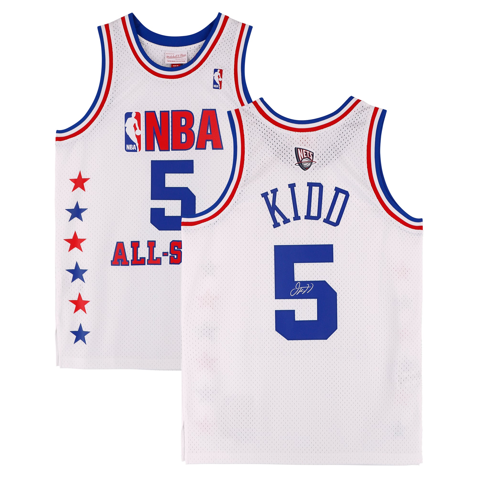 Maillot Swingman blanc Mitchell & Ness autographié par Jason Kidd, joueur All-Star de la NBA, lors du All-Star Game 2003.