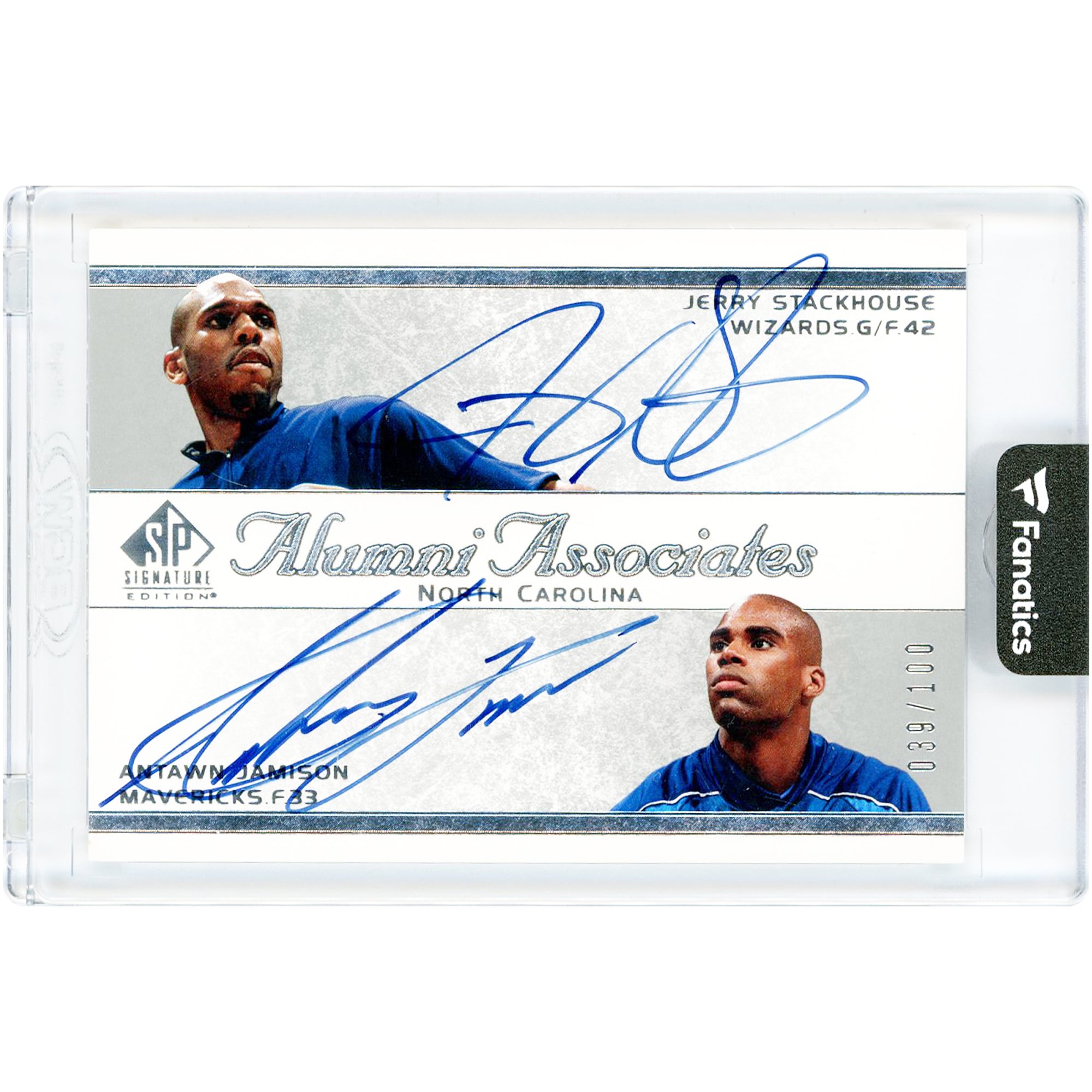 Carte autographiée de Jerry Stackhouse et Antawn Jamison, édition spéciale 2003-04 Upper Deck SP Signatures, Alumni Associates North Carolina #AA-SJ #39/100