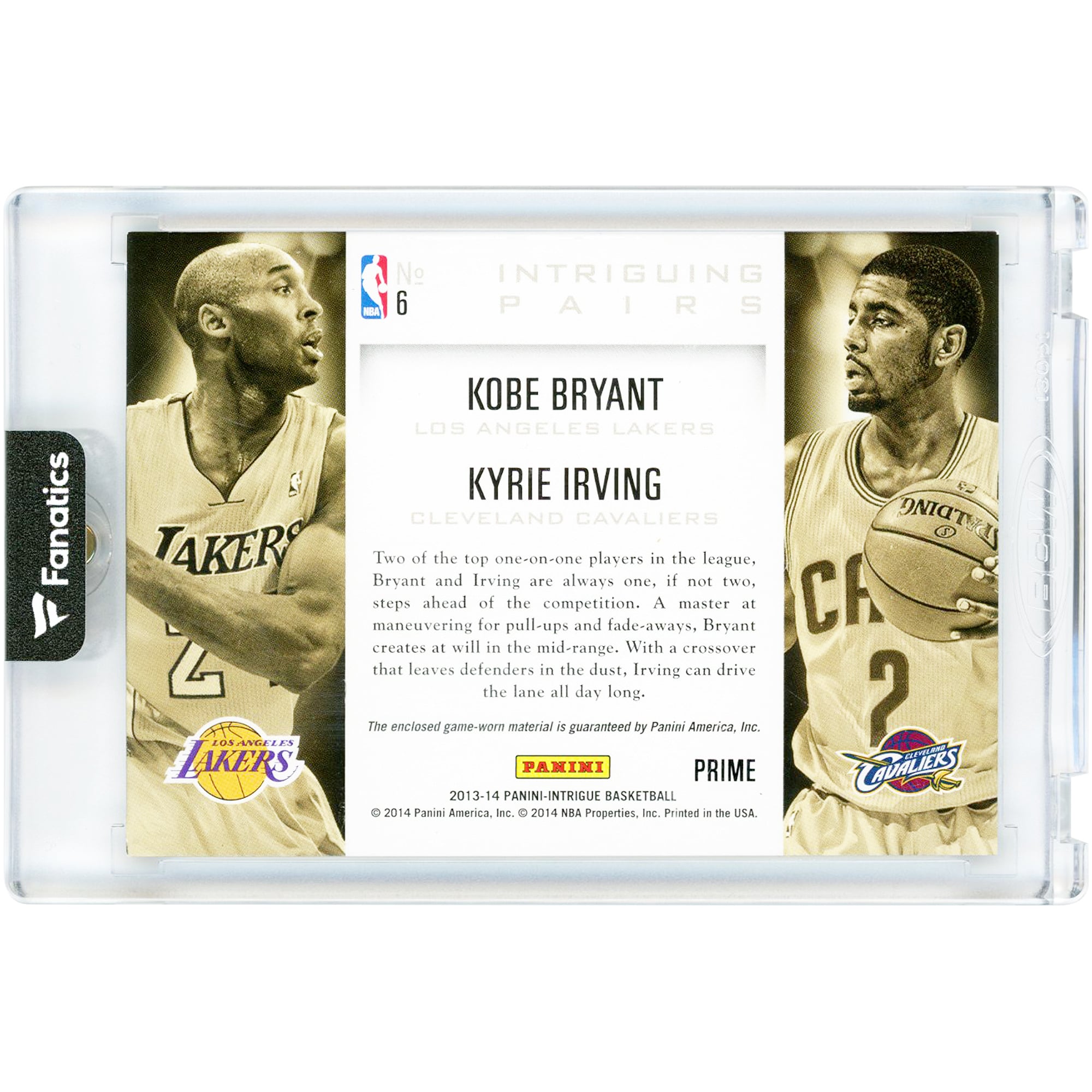 V106832 Kobe Bryant & Kyrie Irving 2013-14 Panini Intrigue Intriguing Pairs Prime Game-Worn Relic #6 #7/8 Card Kobe Bryant, Kyrie Irving UNS PAA TRADING CARDS 46209 COLTRC CG01BK1936 #13