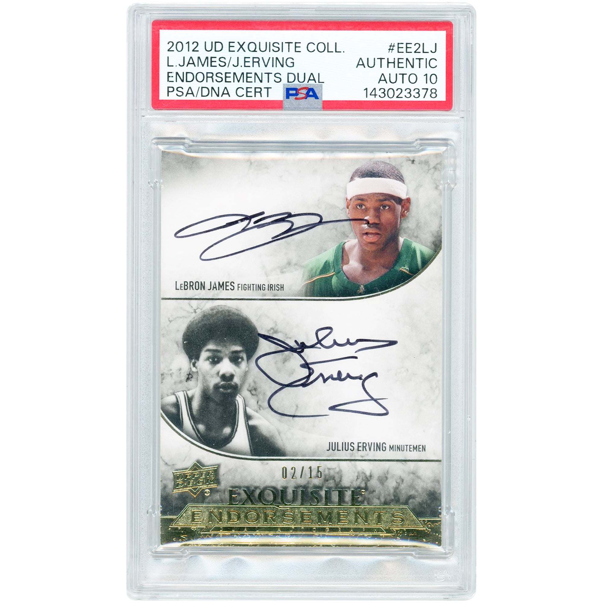LeBron James & Julius Erving Autographed 2012-13 Upper Deck Exquisite Collection Endorsements Gold Dual #EE2-LJ #2/15 PSA Authenticated Auto 10 Card