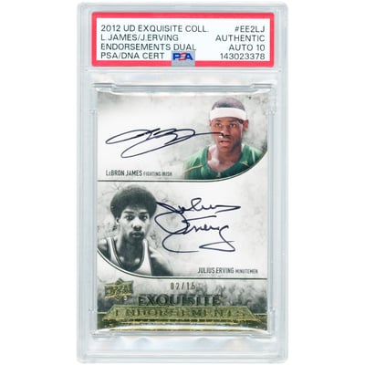 LeBron James & Julius Erving Autographed 2012-13 Upper Deck Exquisite Collection Endorsements Gold Dual #EE2-LJ #2/15 PSA Authenticated Auto 10 Card