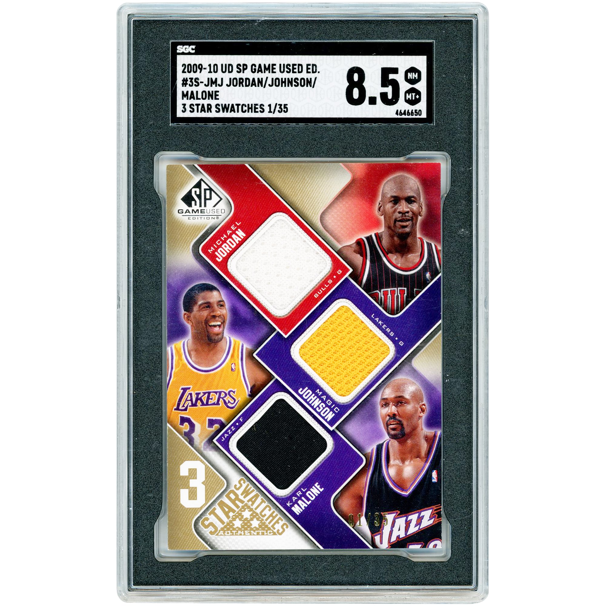 Michael Jordan, Magic Johnson & Karl Malone 2009-10 Upper Deck SP Game Used Edition Triple Game-Used Relics #3S-JMJ #1/35 SGC Authenticated 8.5 Card