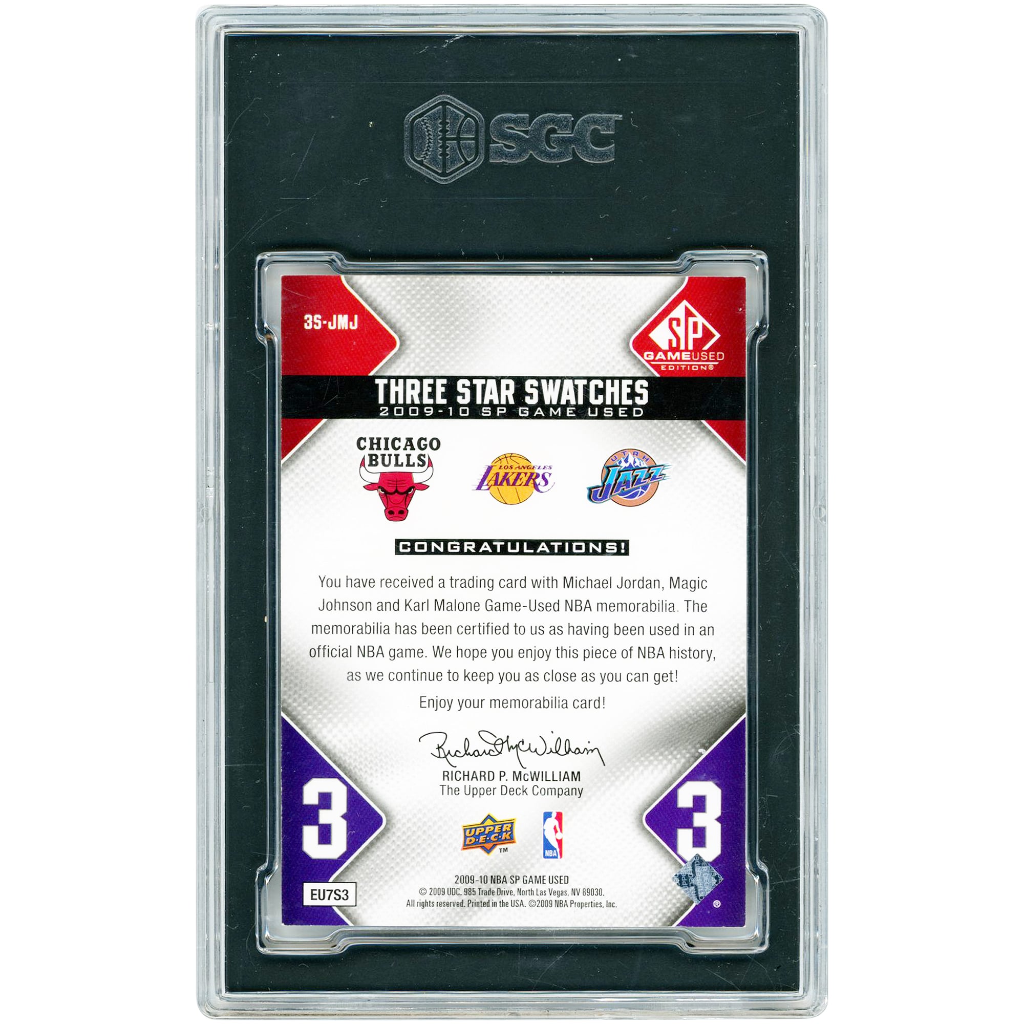 Michael Jordan, Magic Johnson & Karl Malone 2009-10 Upper Deck SP Game Used Edition Triple Game-Used Relics #3S-JMJ #1/35 SGC Authenticated 8.5 Card