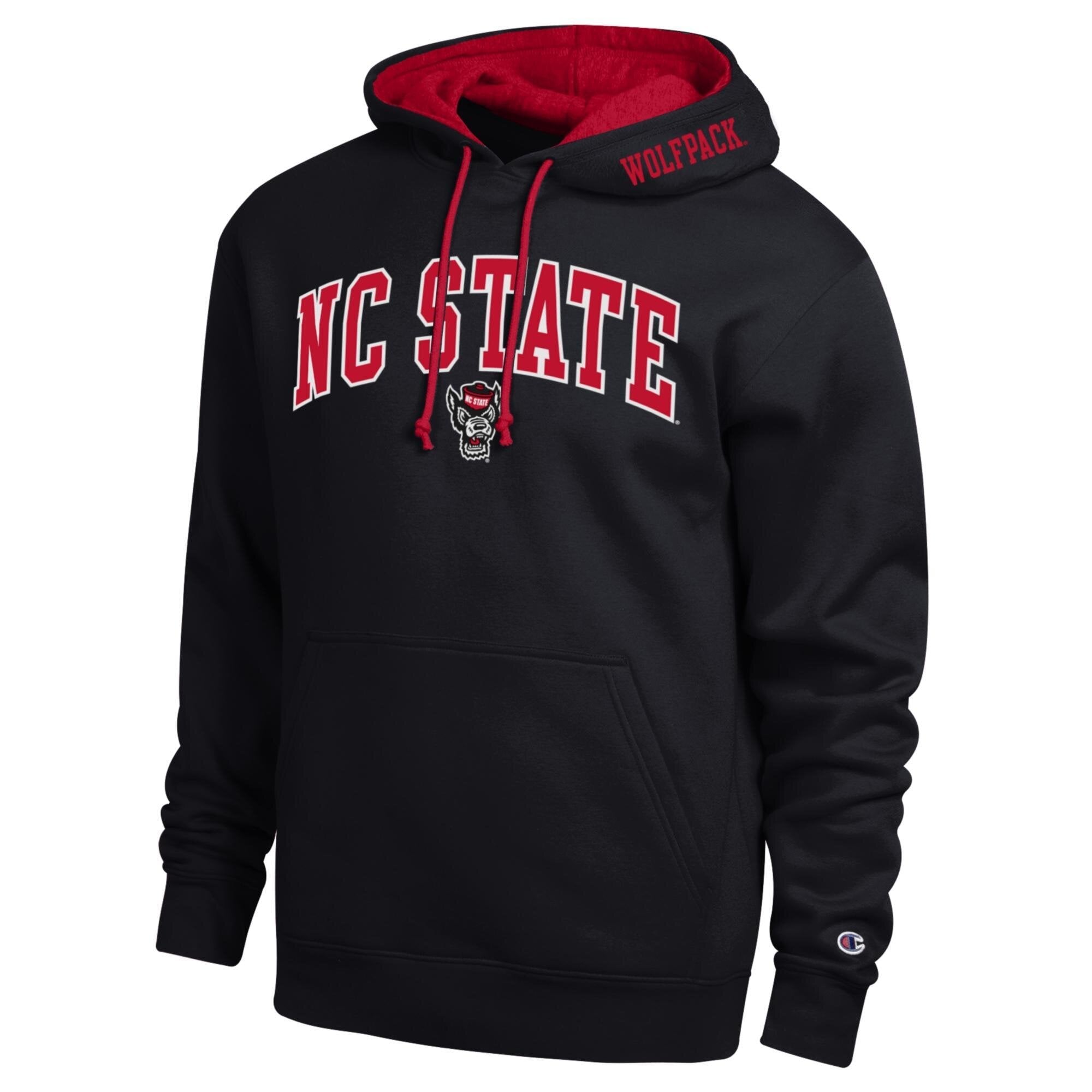 Men's Champion Black NC State Wolfpack Arch Tackle Twill Hoodie