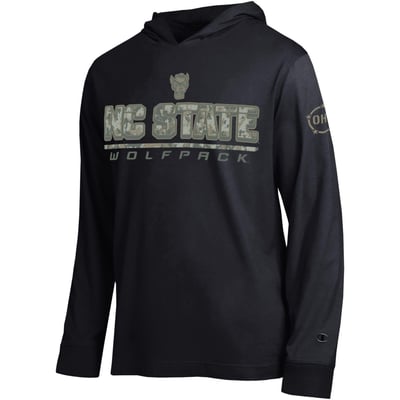  NC State Wolfpack Champion Operation Hat Trick Camo Script Hooded Long Sleeve T-Shirt - Black