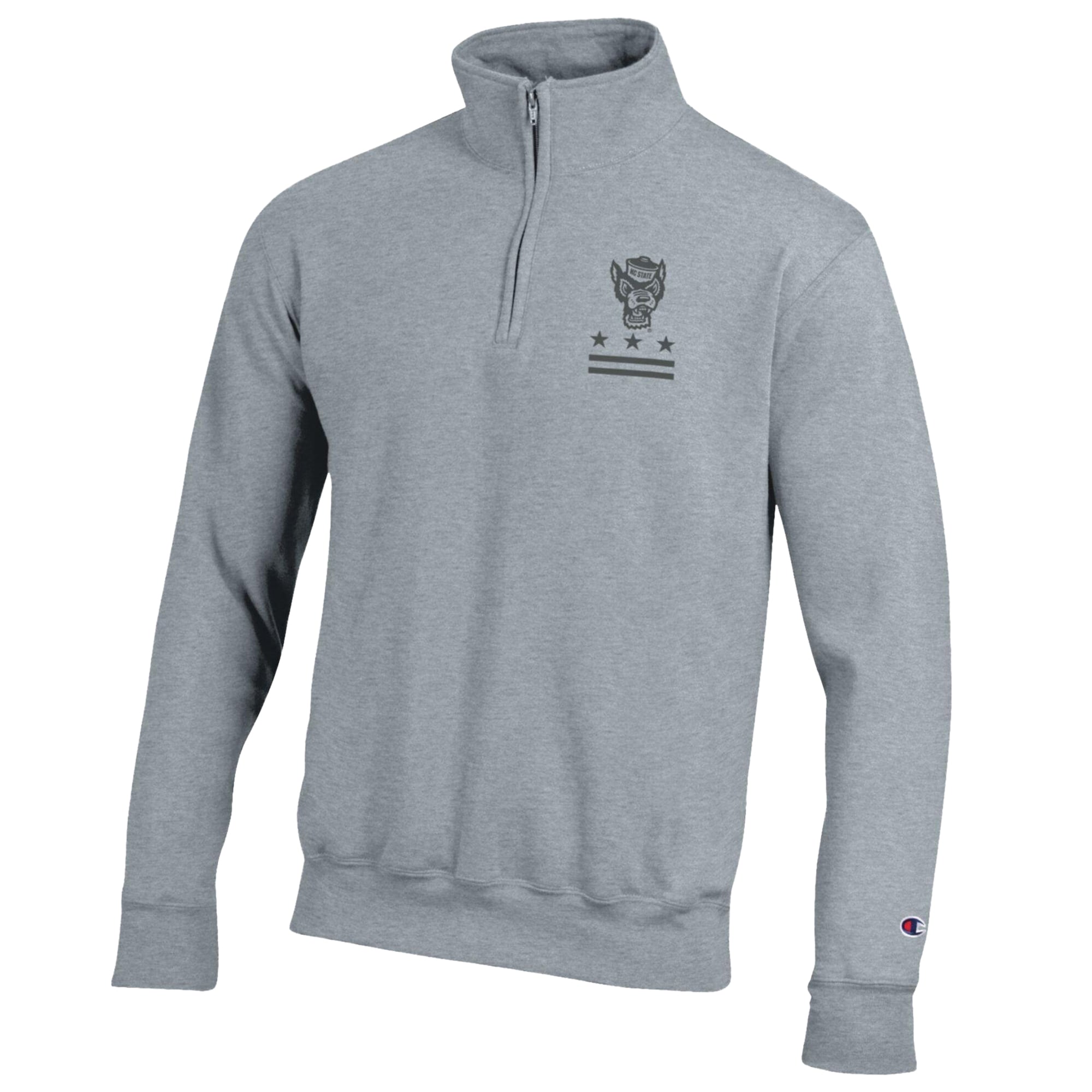 Pull-over à col zippé Champion pour homme, gris chiné, NC State Wolfpack Operation Hat Trick Flag, en polaire Powerblend.