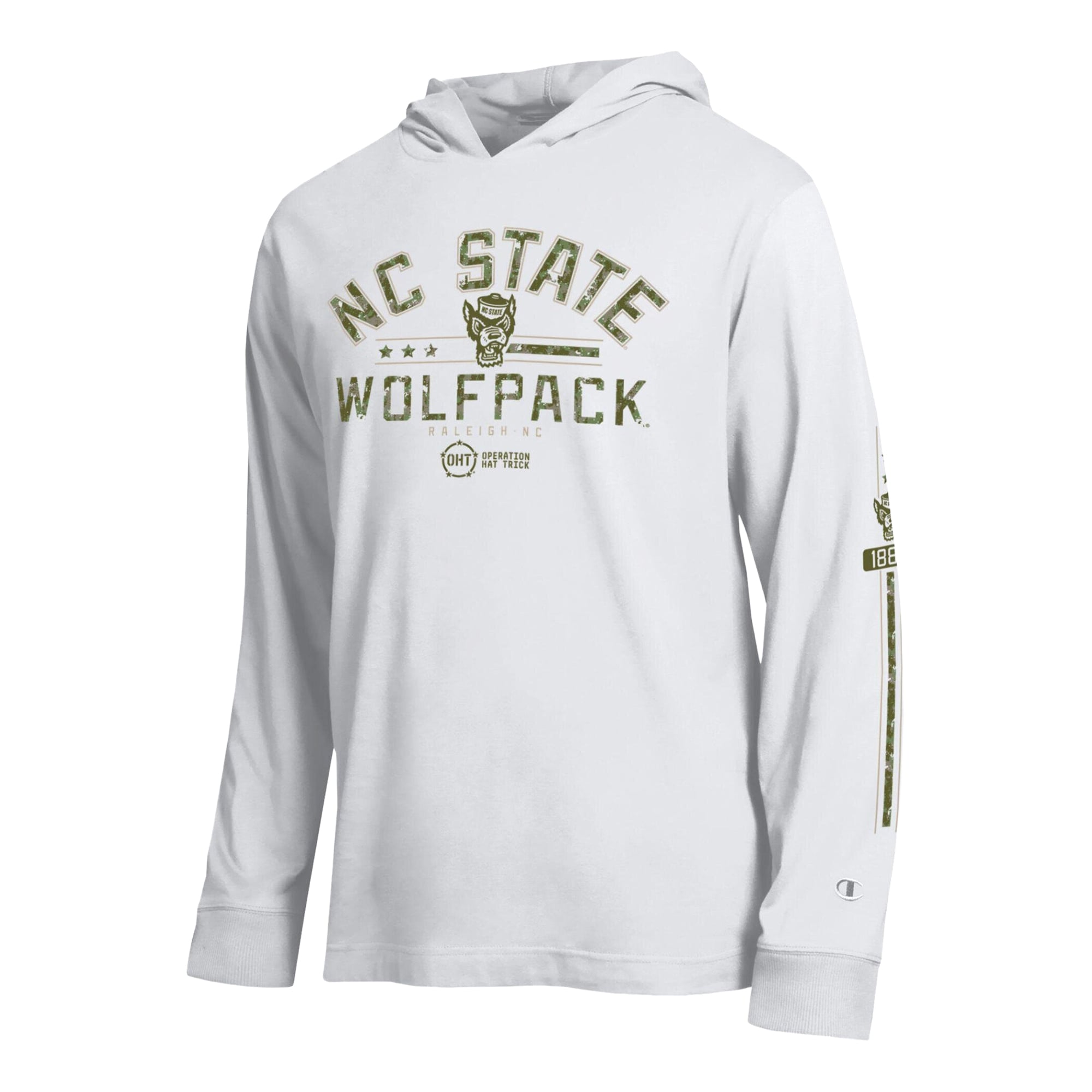 T-shirt à manches longues capuche Champion White NC State Wolfpack Operation Hat Trick pour homme