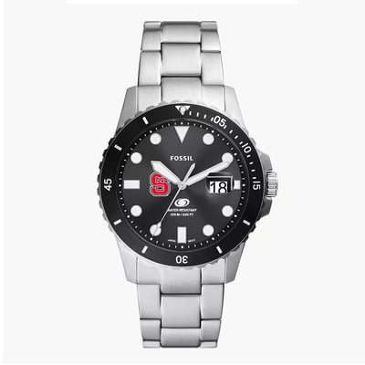 NC State Wolfpack Fossil Blue Dive Three-Hand Date Stainless Steel Watch - Silver