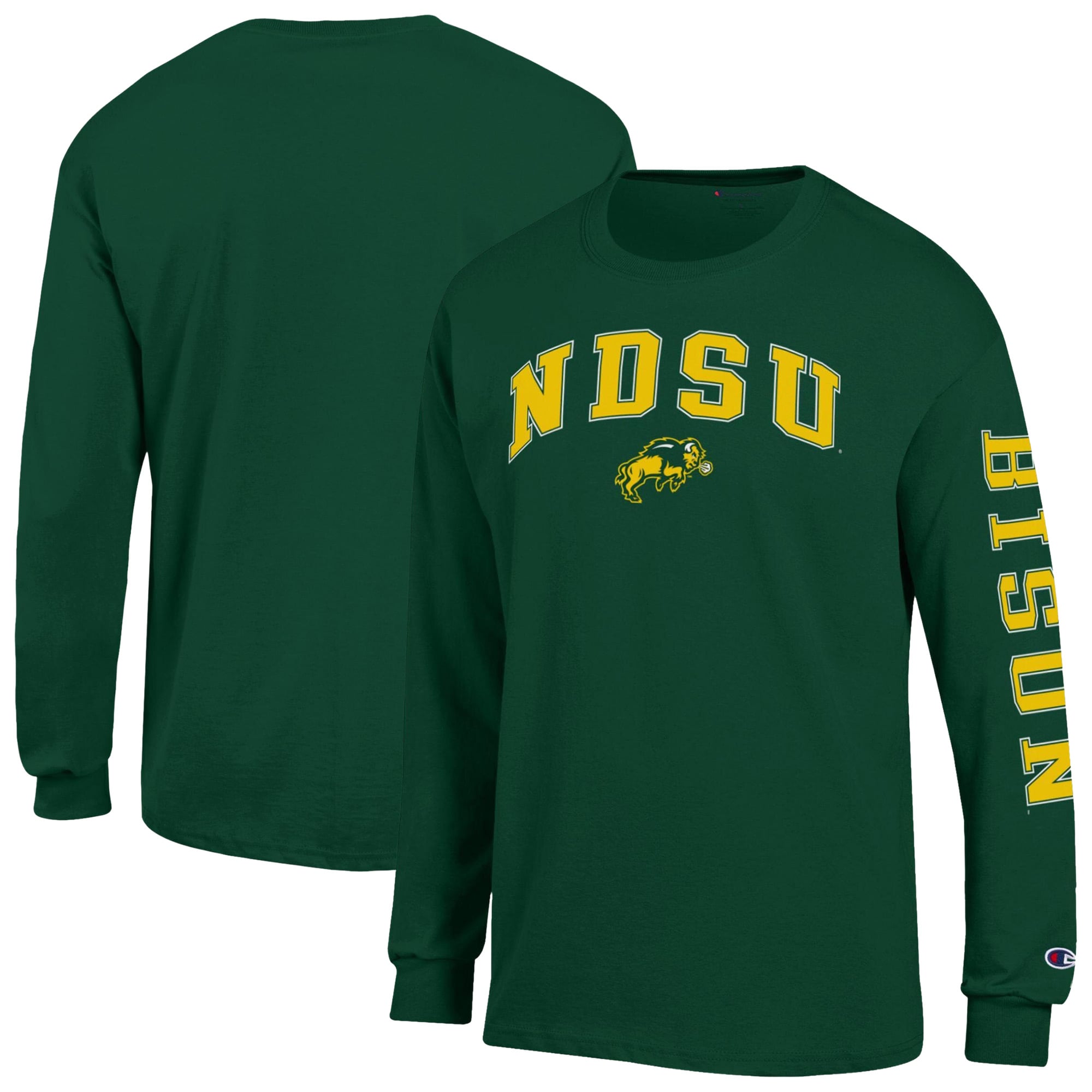 T-shirt à manches longues Champion vert pour homme avec logo NDSU Bison Arch