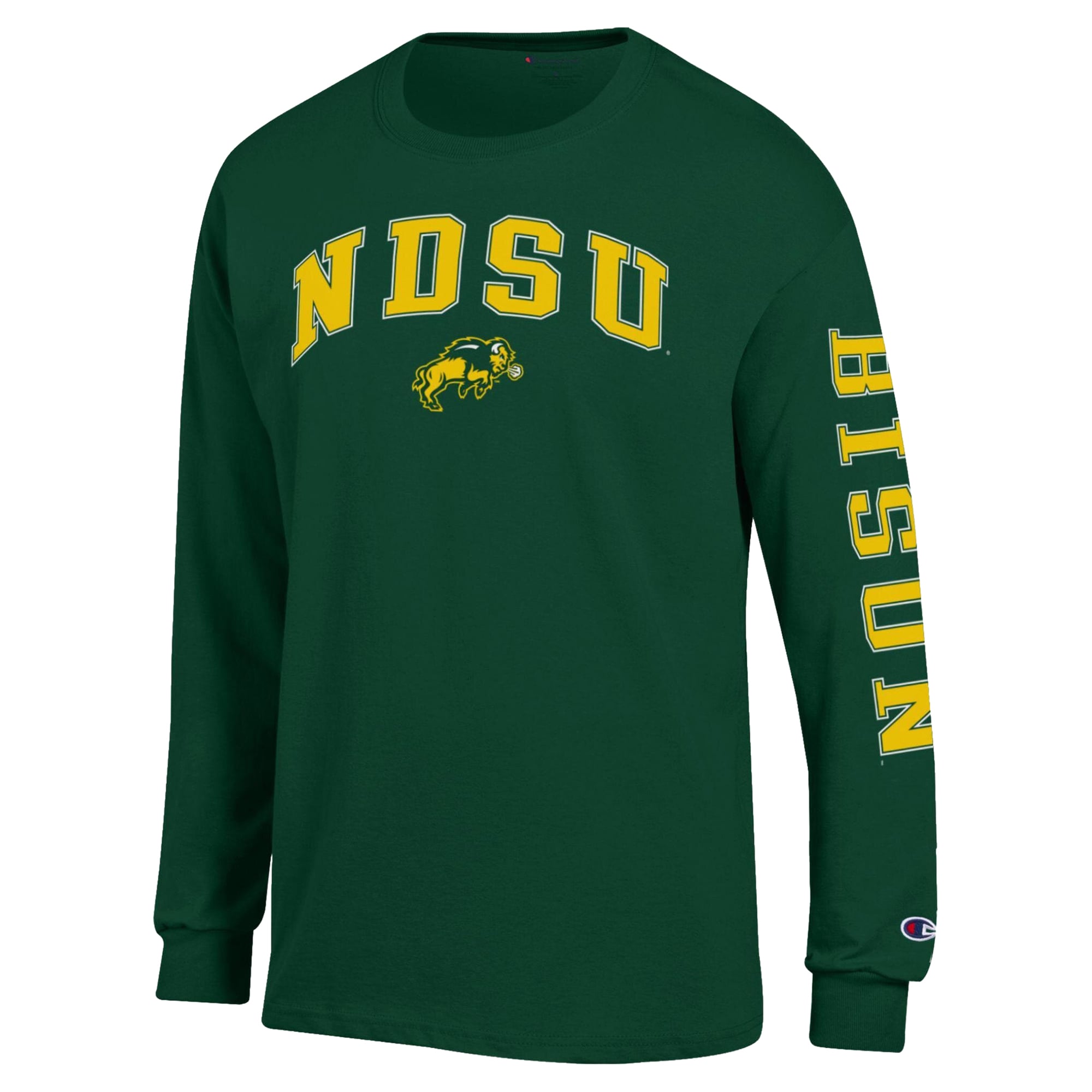 T-shirt à manches longues Champion vert pour homme avec logo NDSU Bison Arch