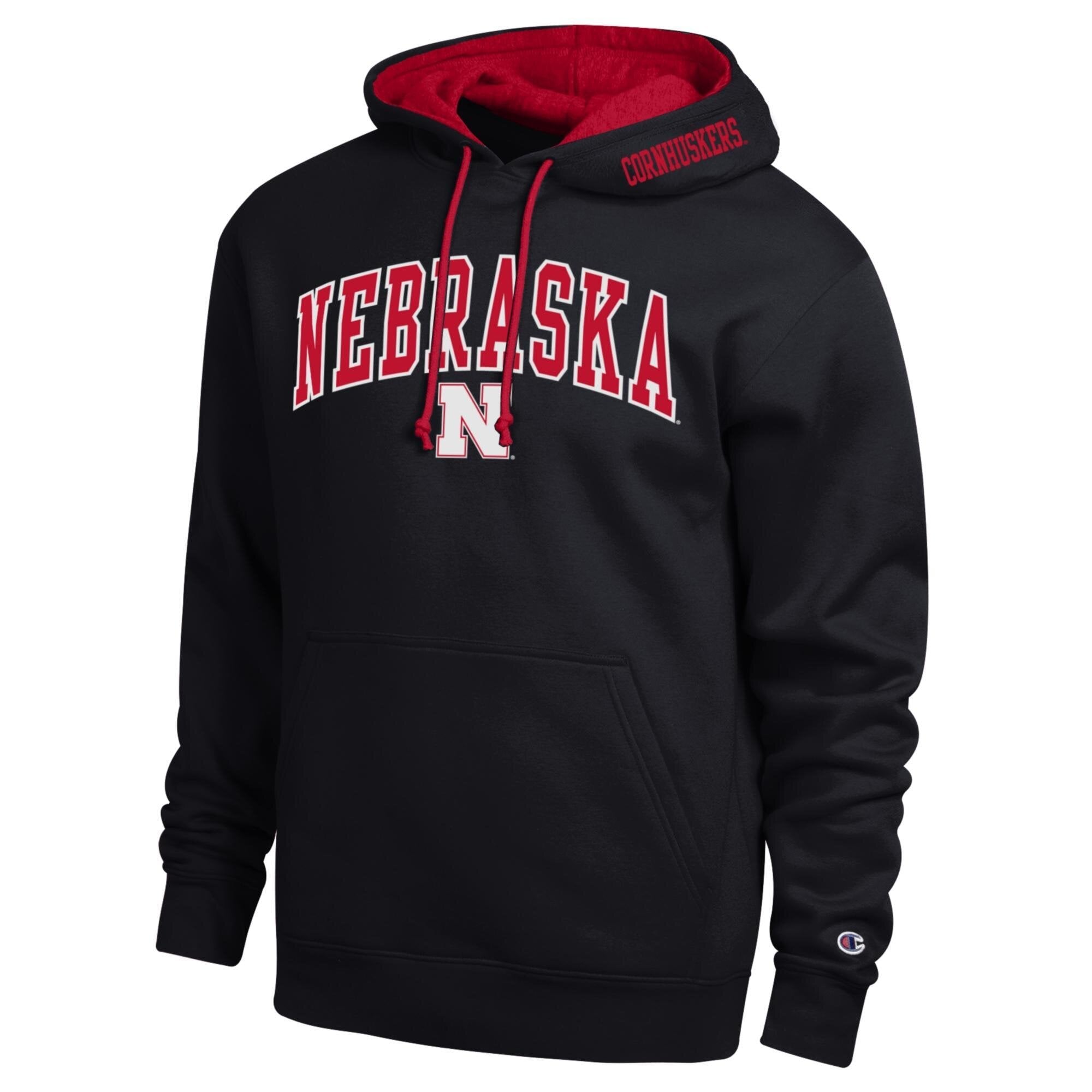 Men's Champion Black Nebraska Huskers Arch Tackle Twill Hoodie