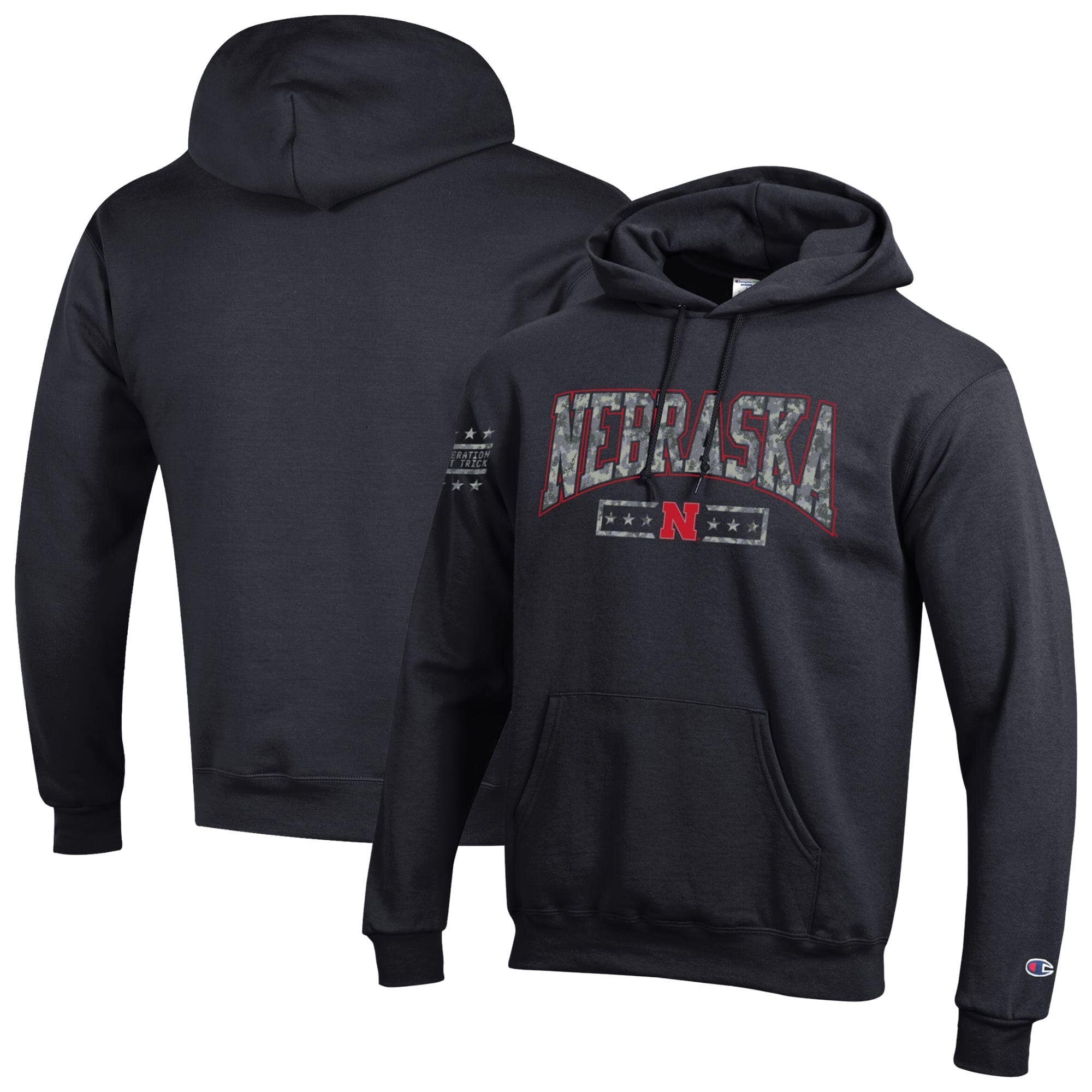 Sweat à capuche en polaire Powerblend noir Champion Nebraska Huskers Operation Hat Trick Camo Script pour homme