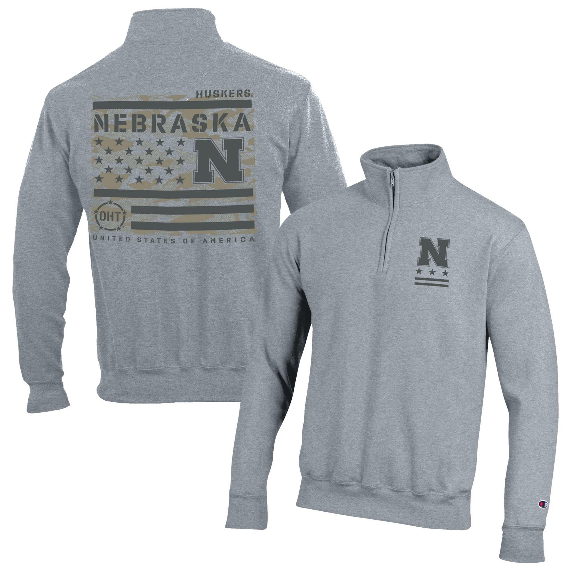 Men's Champion  Gray Nebraska Huskers Operation Hat Trick Flag Powerblend Fleece Quarter-Zip Pullover