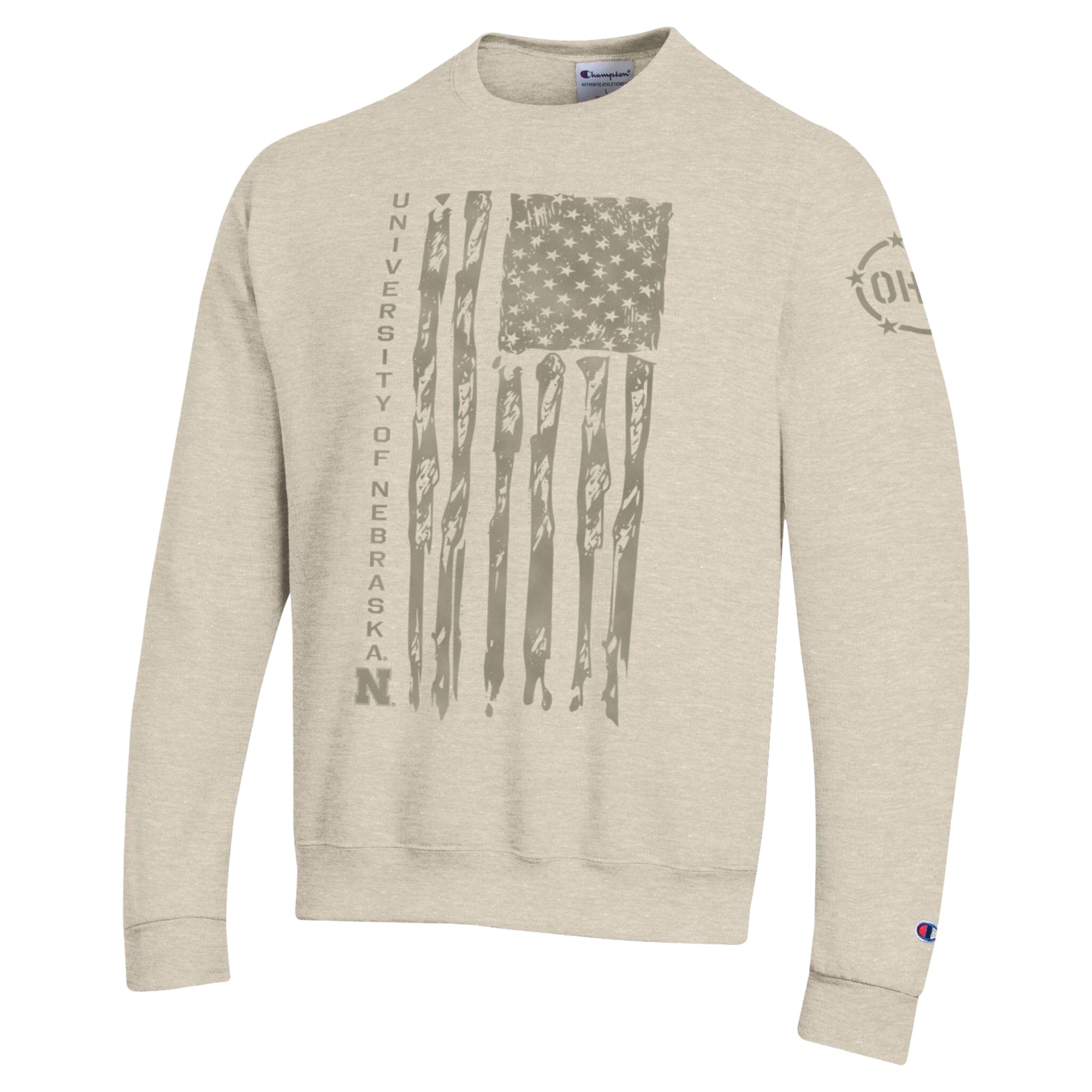 Men's Champion  Oatmeal Nebraska Huskers Operation Hat Trick Flag Fleece Crewneck Sweatshirt