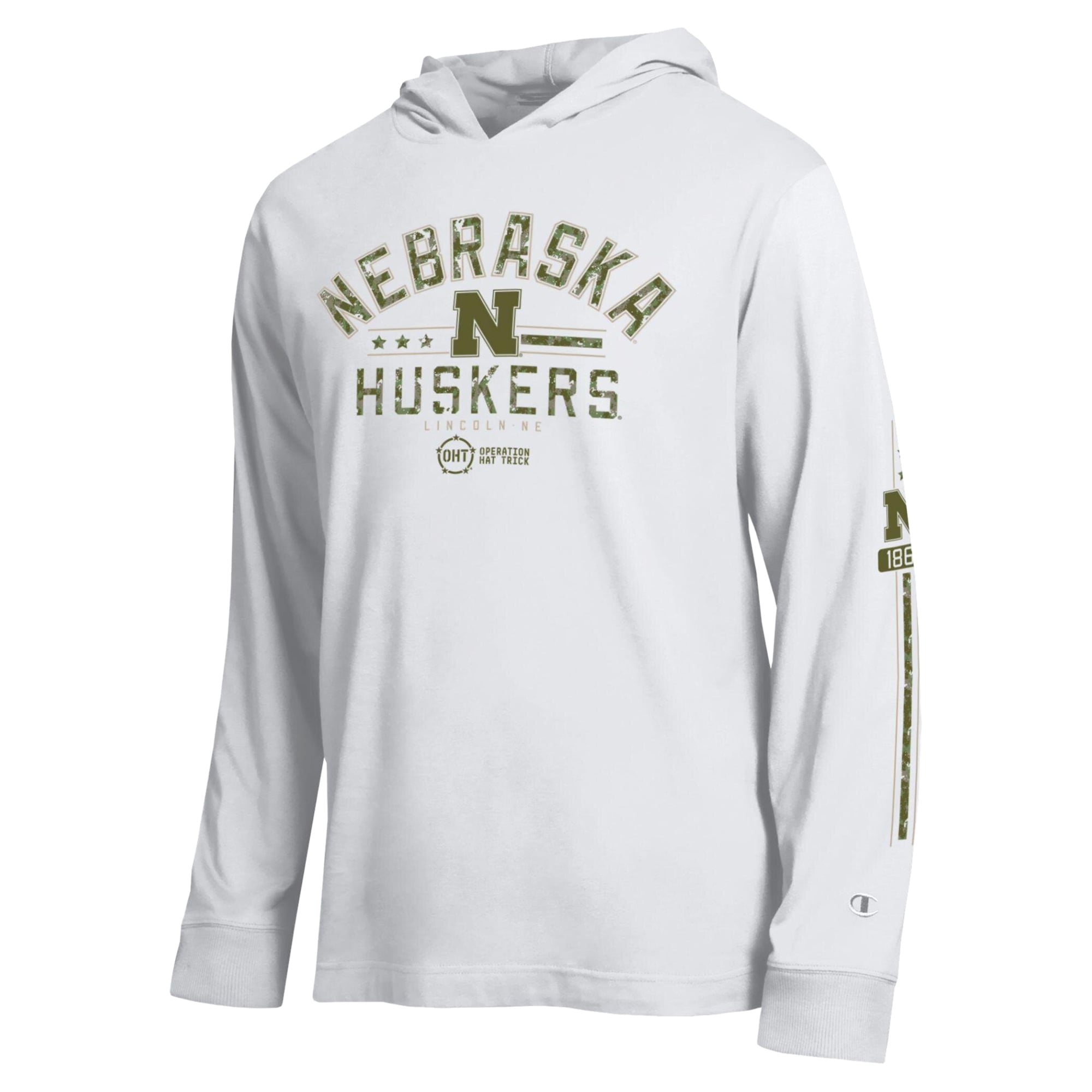 Men's Champion White Nebraska Huskers Operation Hat Trick Sleeve Line Hooded Long T-Shirt