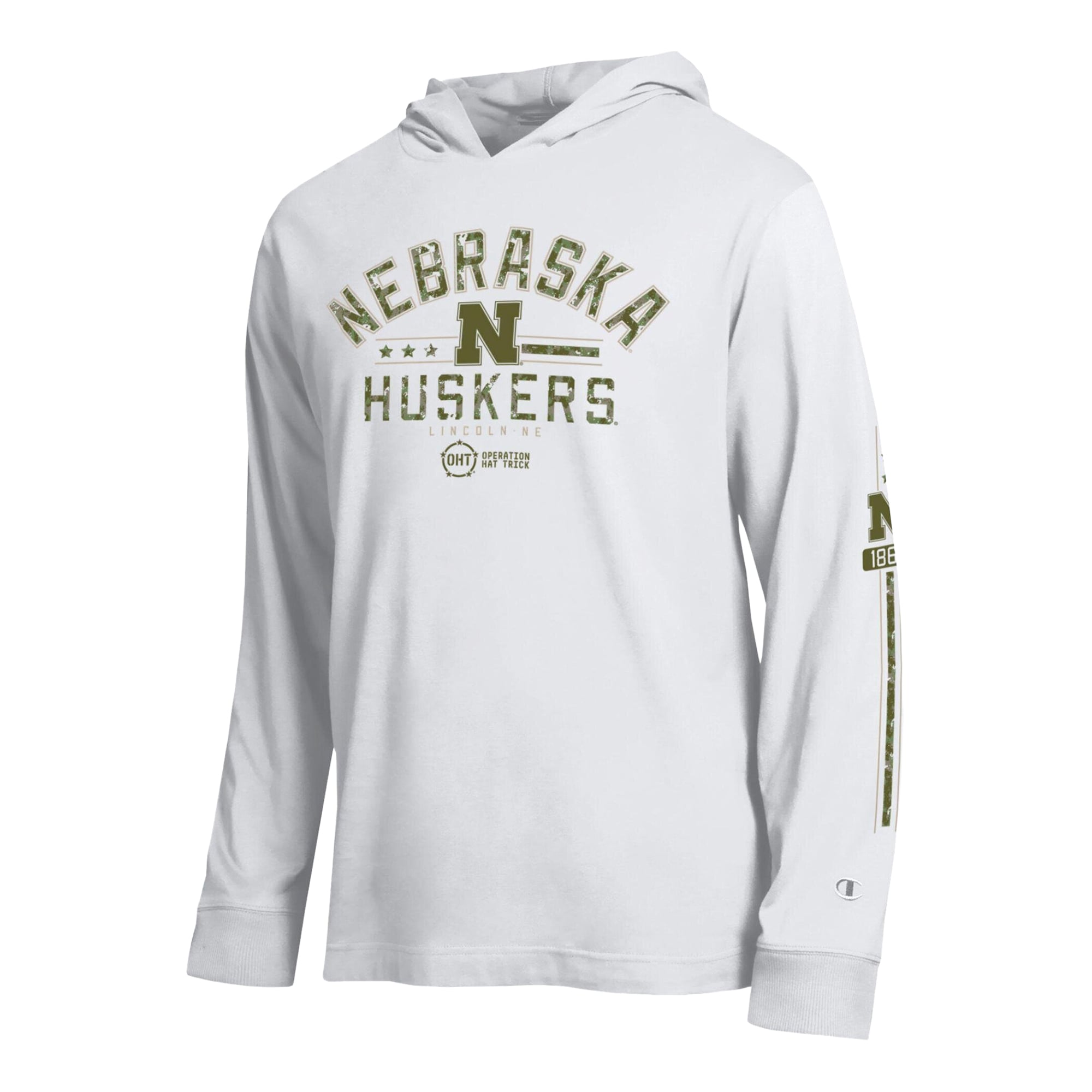 Men's Champion  White Nebraska Huskers Operation Hat Trick Sleeve Line Hooded Long T-Shirt