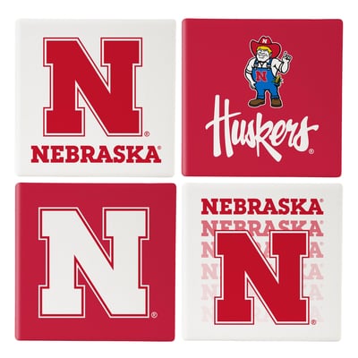 Nebraska Huskers Four-Piece Ceramic Coaster Set with Wood Caddy