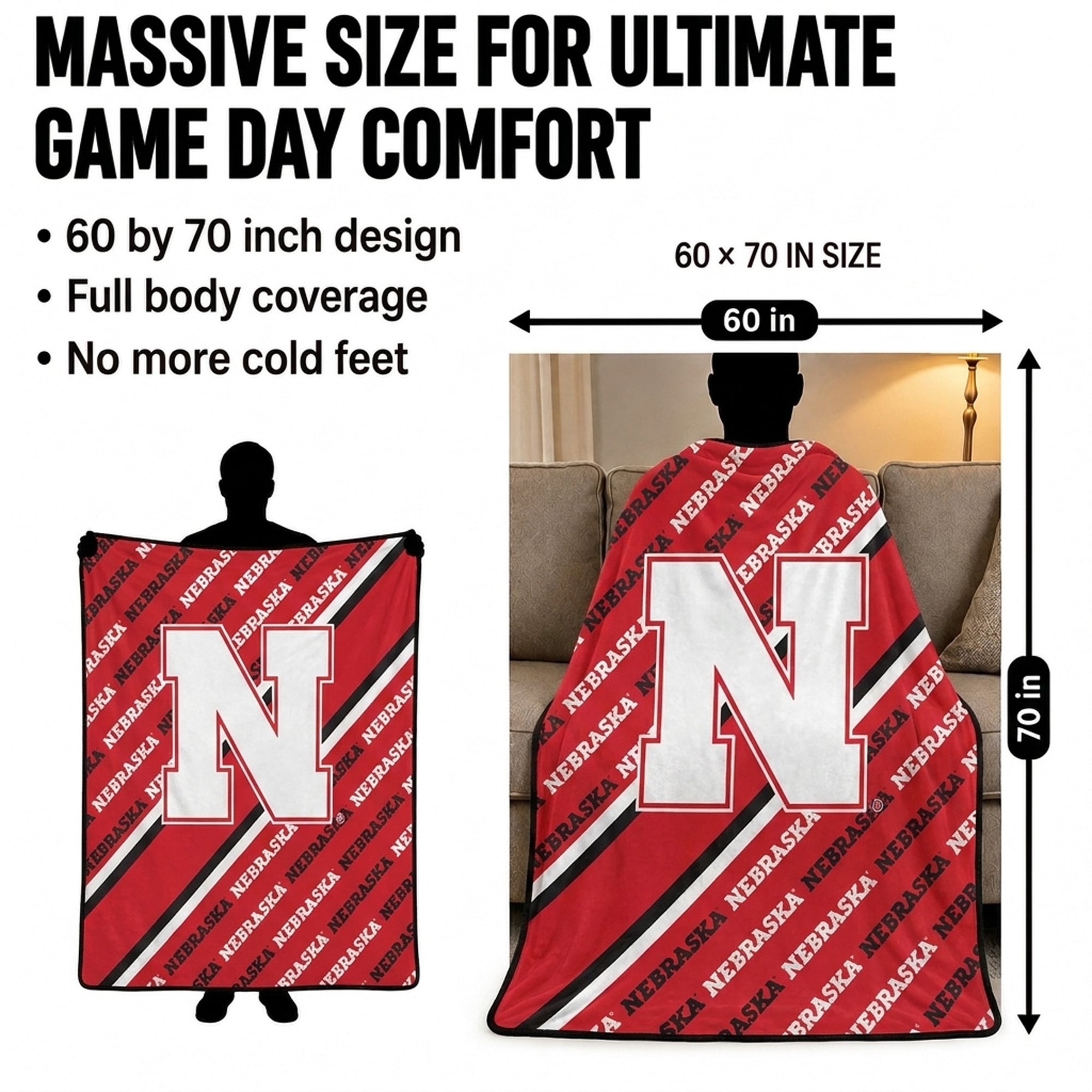 Pegasus Nebraska Huskers 60" x 70" Diagonal Lined Wordmark Ultra Soft Blanket