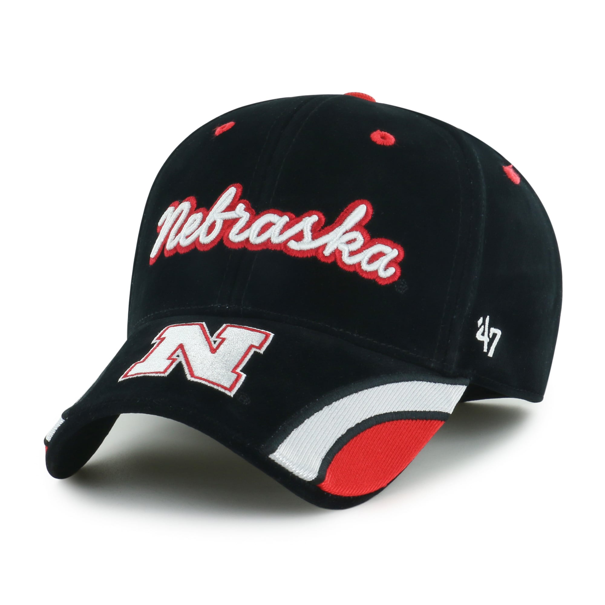 Casquette ajustable pour femme « 47 » en velours denim noir Nebraska Huskers avec inscription MVP