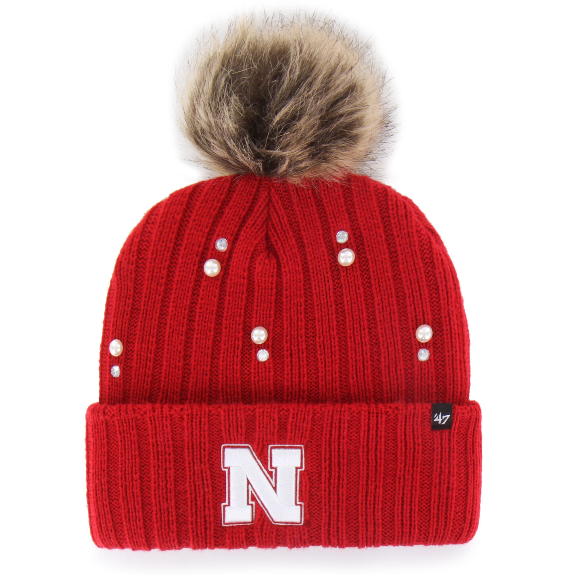 Bonnet en maille de fourrure nacrée « 47 Scarlet Nebraska Huskers » pour femme, avec pompon