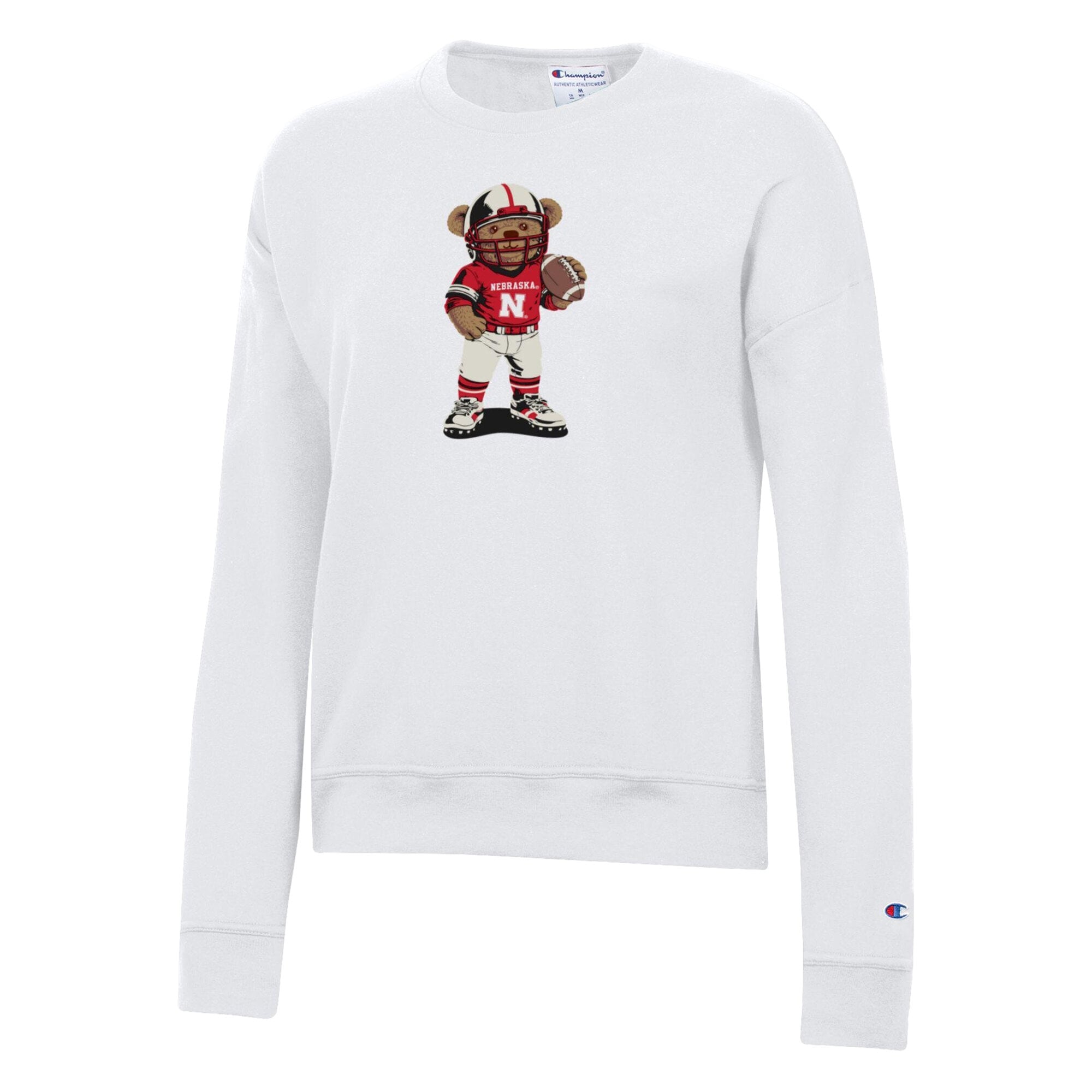 Women's Champion White Nebraska Huskers Teddy Bear Sweatshirt