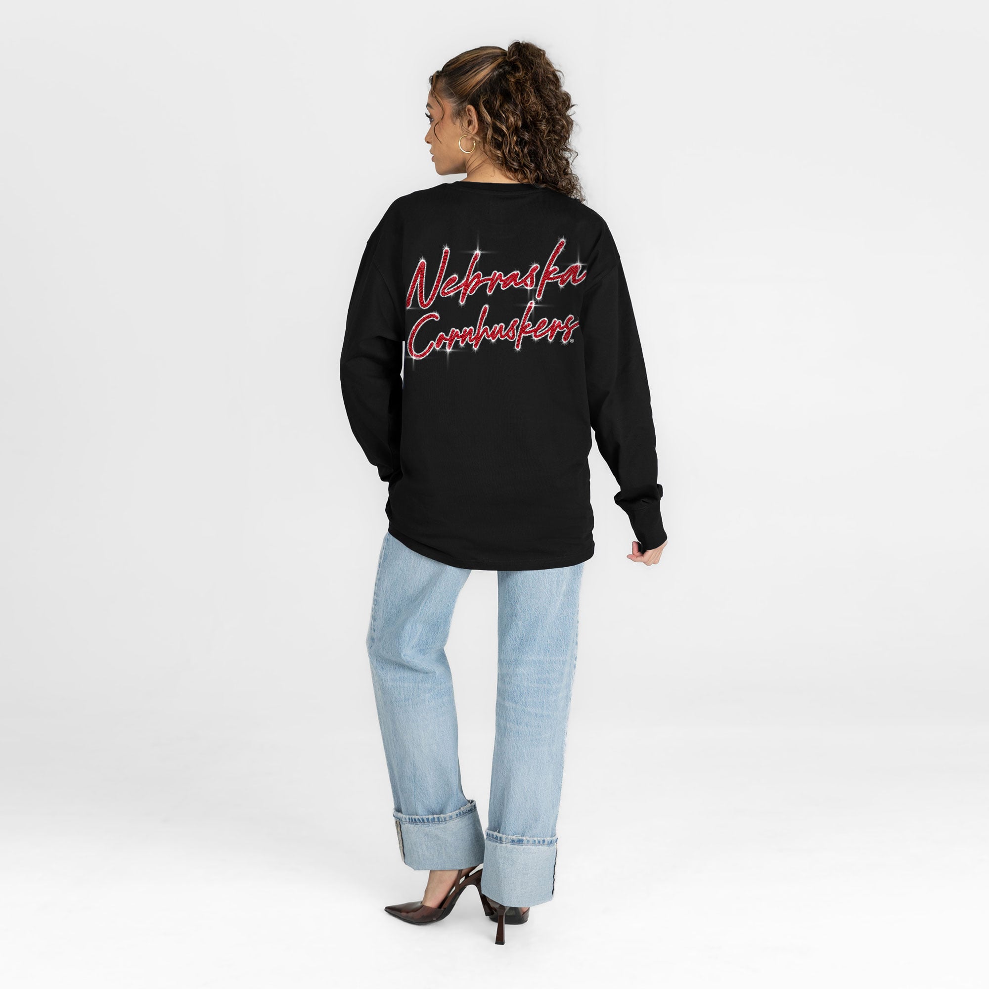 T-shirt à manches longues noir Nebraska Huskers Light It Up strass pour femmes, collection Gameday Couture