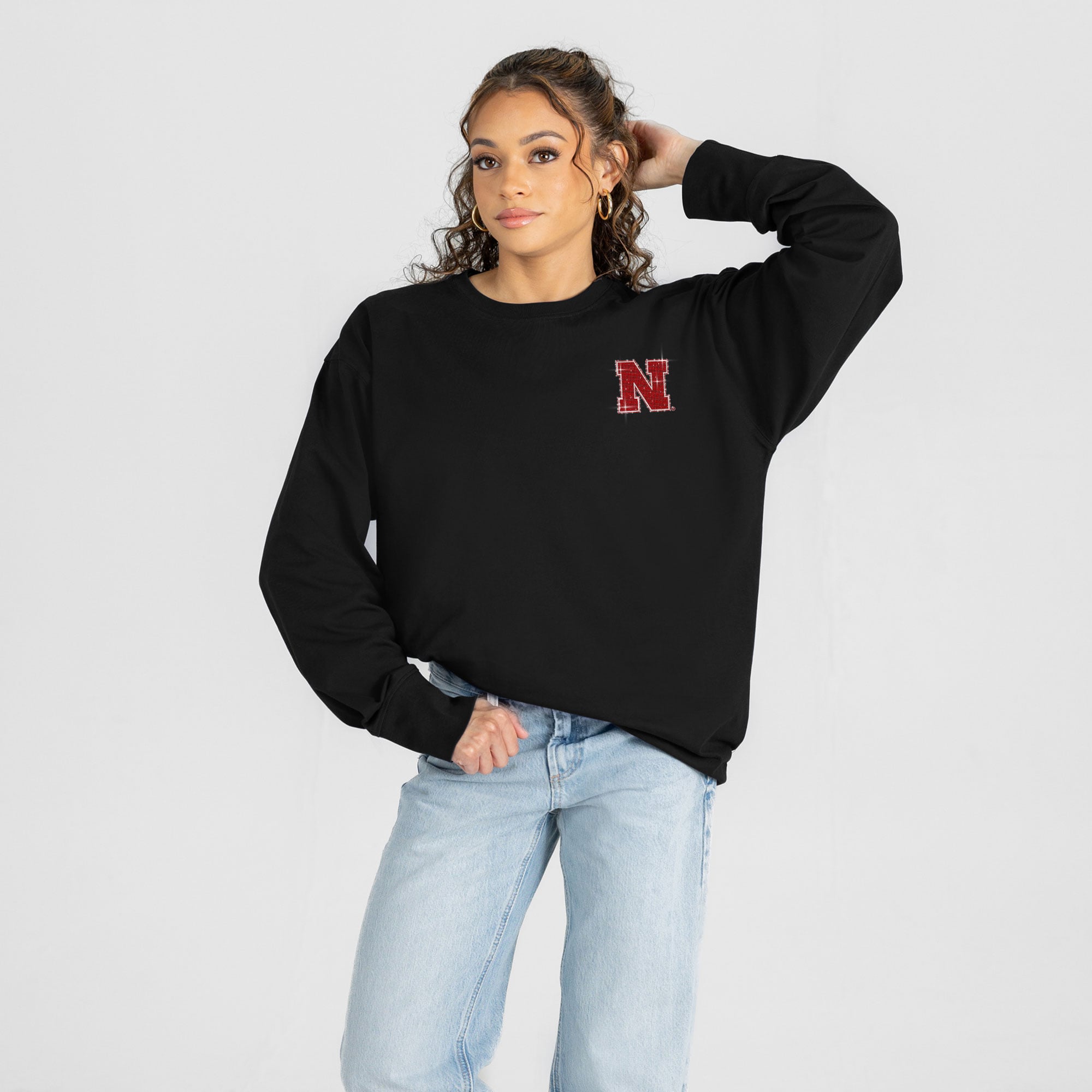 T-shirt à manches longues noir Nebraska Huskers Light It Up strass pour femmes, collection Gameday Couture