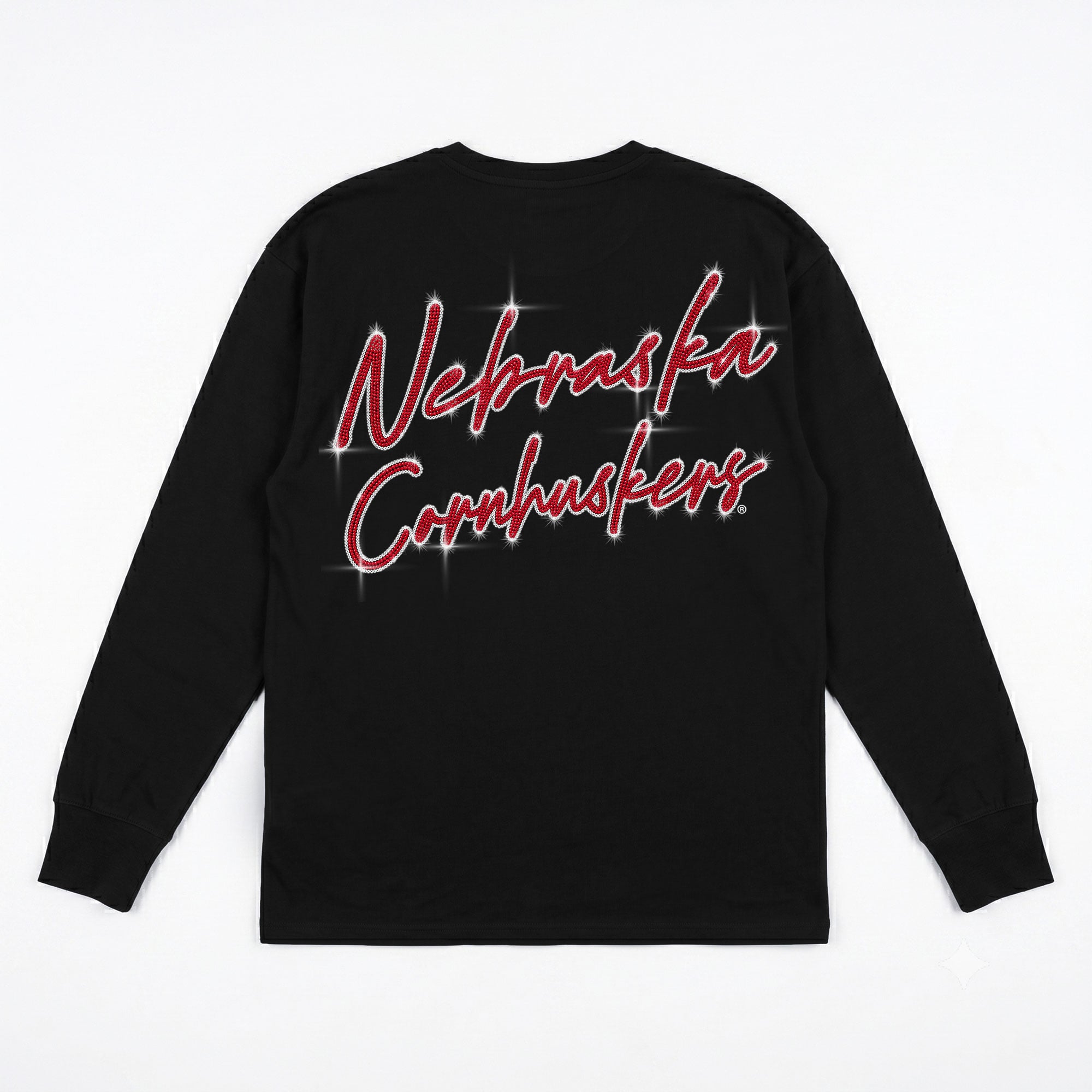 T-shirt à manches longues noir Nebraska Huskers Light It Up strass pour femmes, collection Gameday Couture