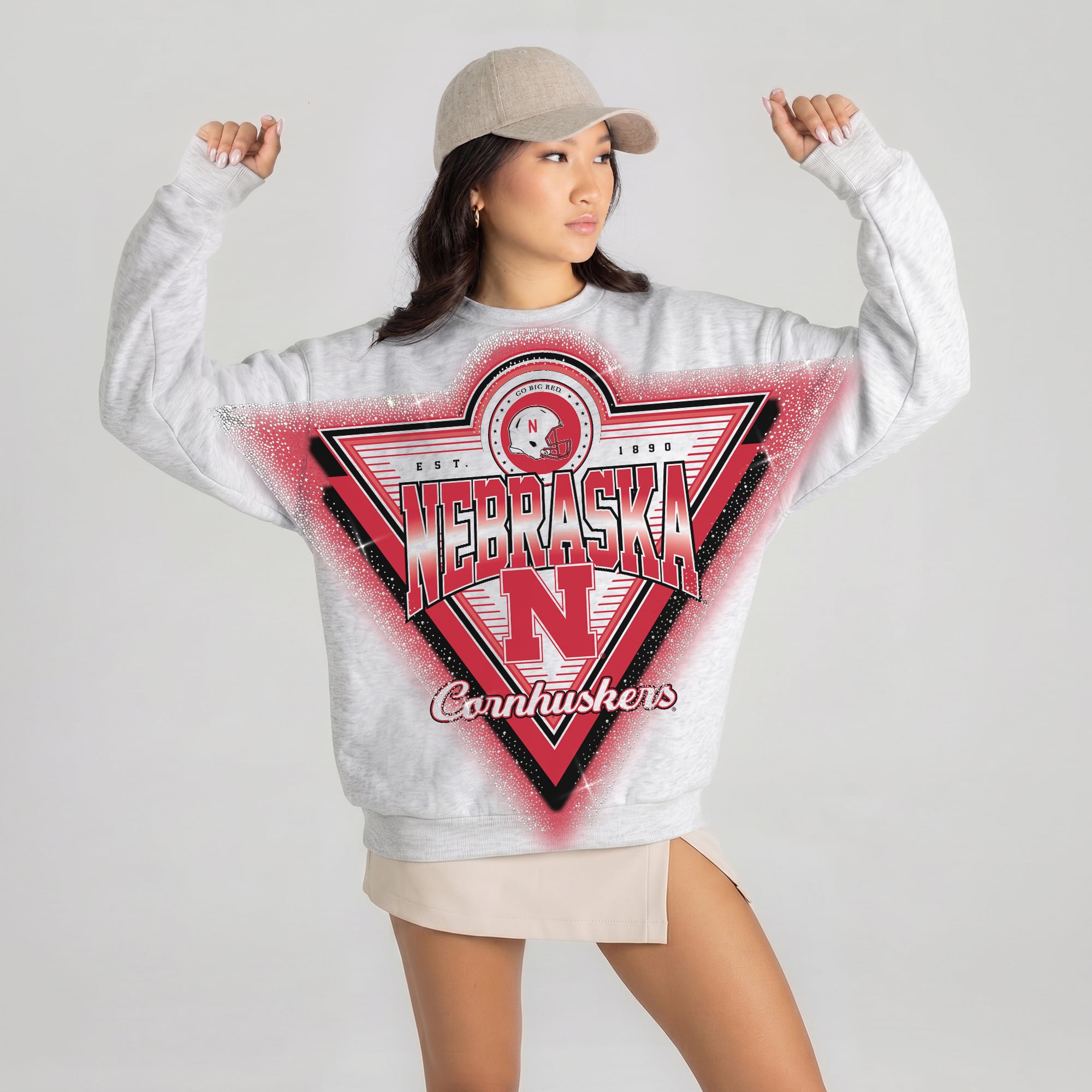 Women's Gameday Couture Gray Nebraska Huskers Chasing Victory Rhinestone Spray Oversized Fleece Sweatshirt