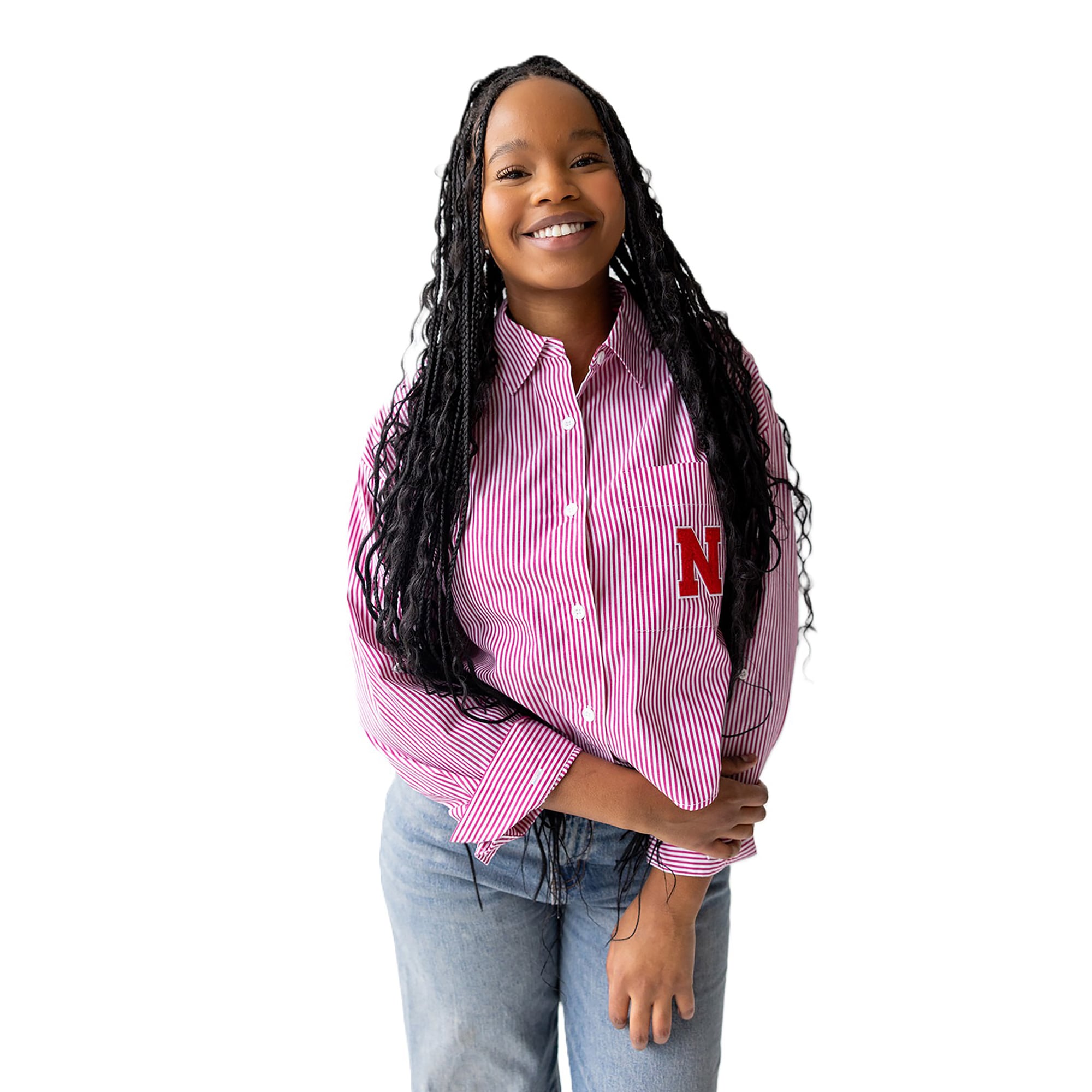 Chemise boutonnée rayée courte Scarlet Nebraska Huskers pour femmes, idéale les jours de match.