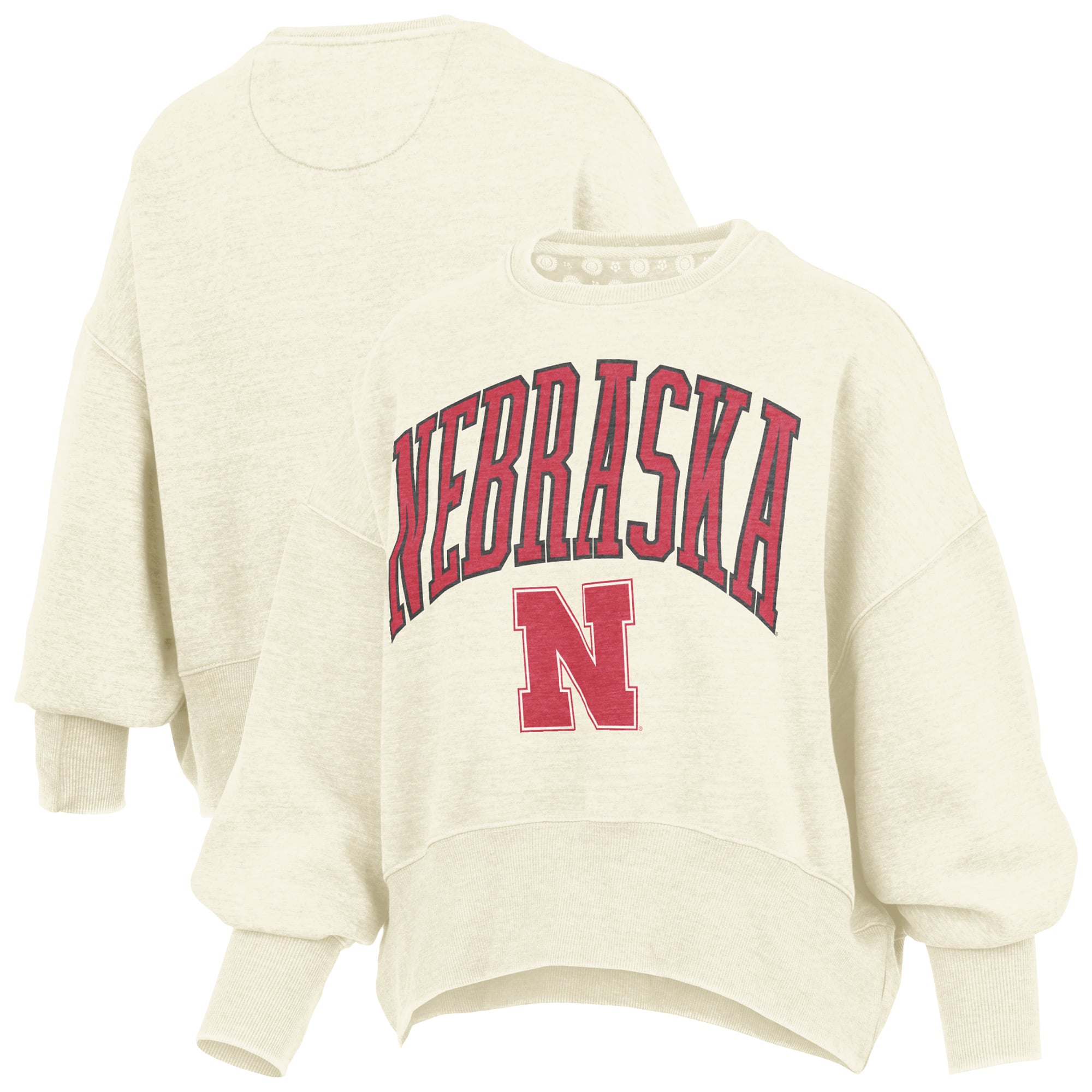 Women's Pressbox Natural Nebraska Huskers Oversized Waist-Length Crewneck Sweatshirt