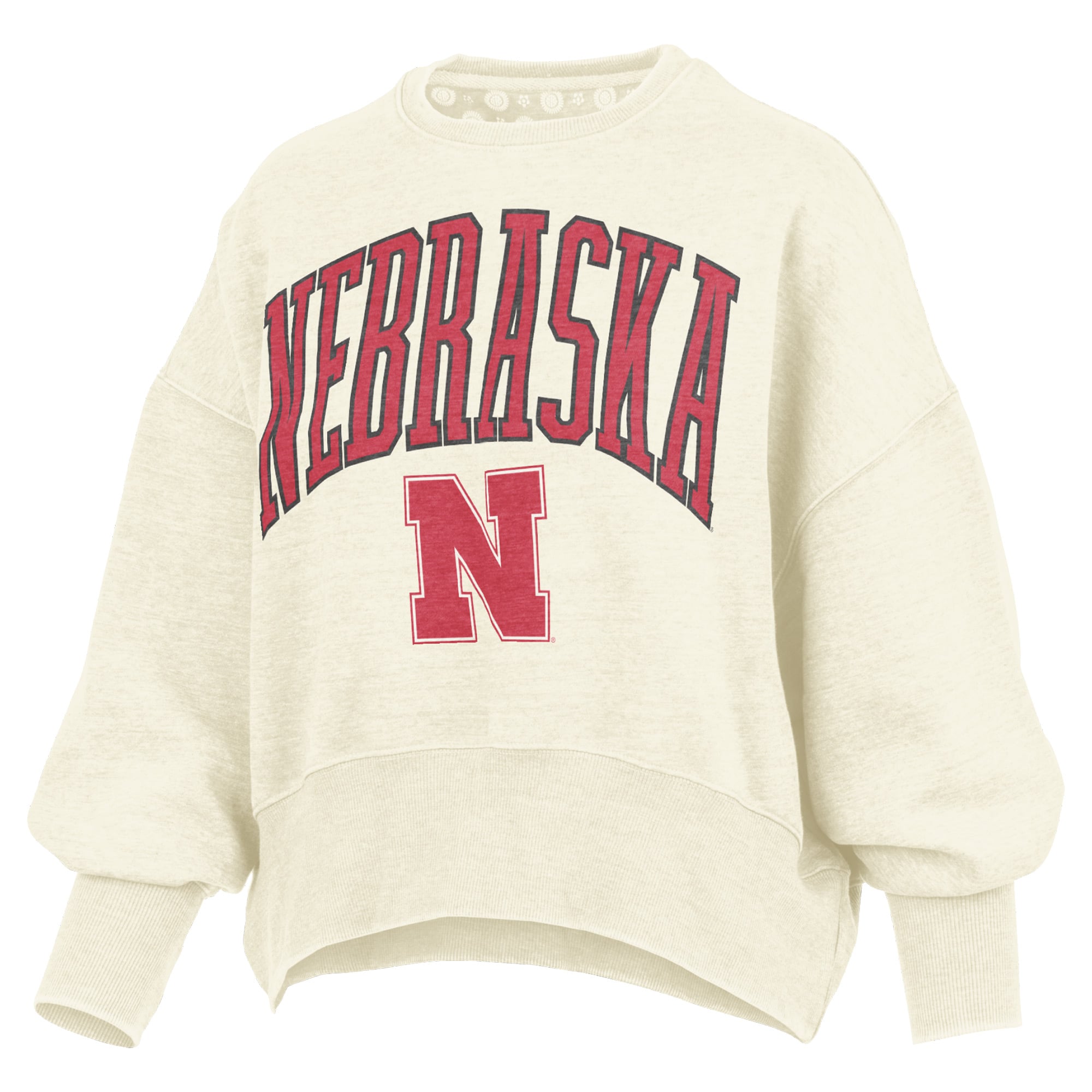 Women's Pressbox Natural Nebraska Huskers Oversized Waist-Length Crewneck Sweatshirt