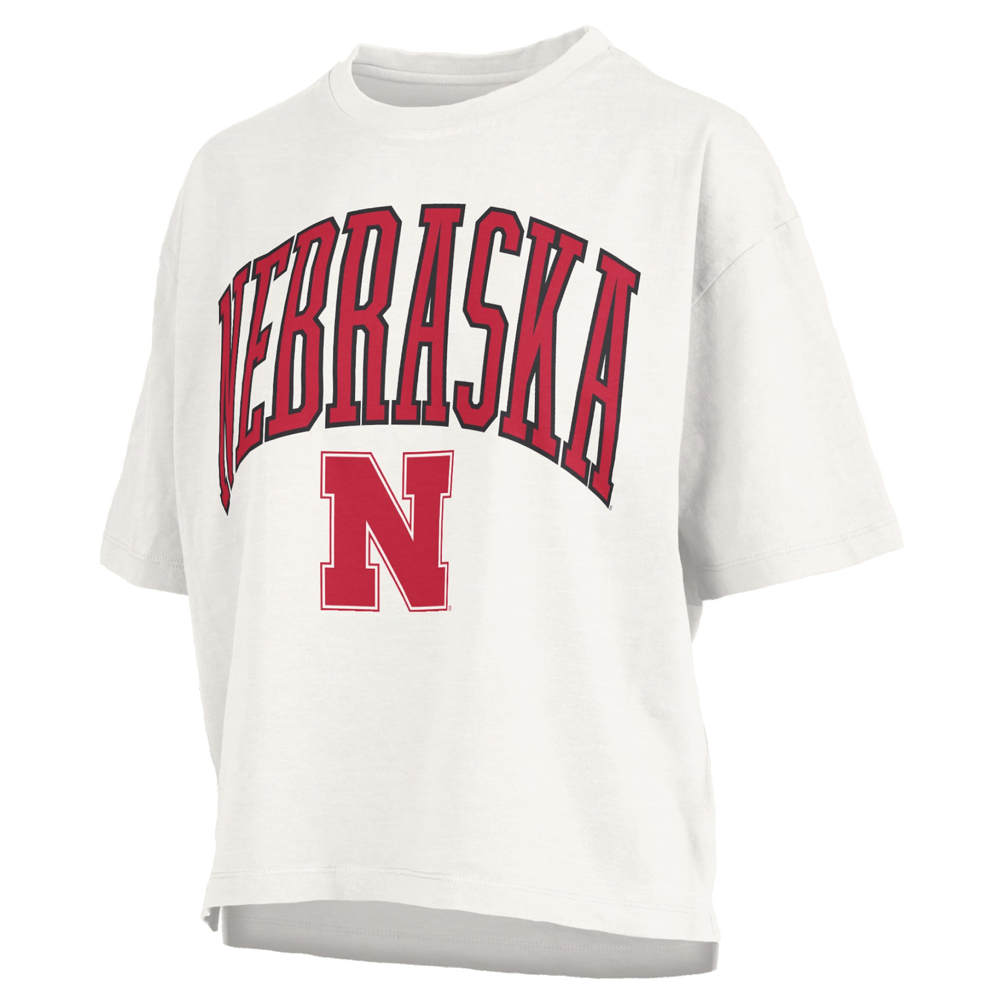 T-shirt à manches longues pour femmes Pressbox White Nebraska Huskers avec logo Nelson Arch Over.