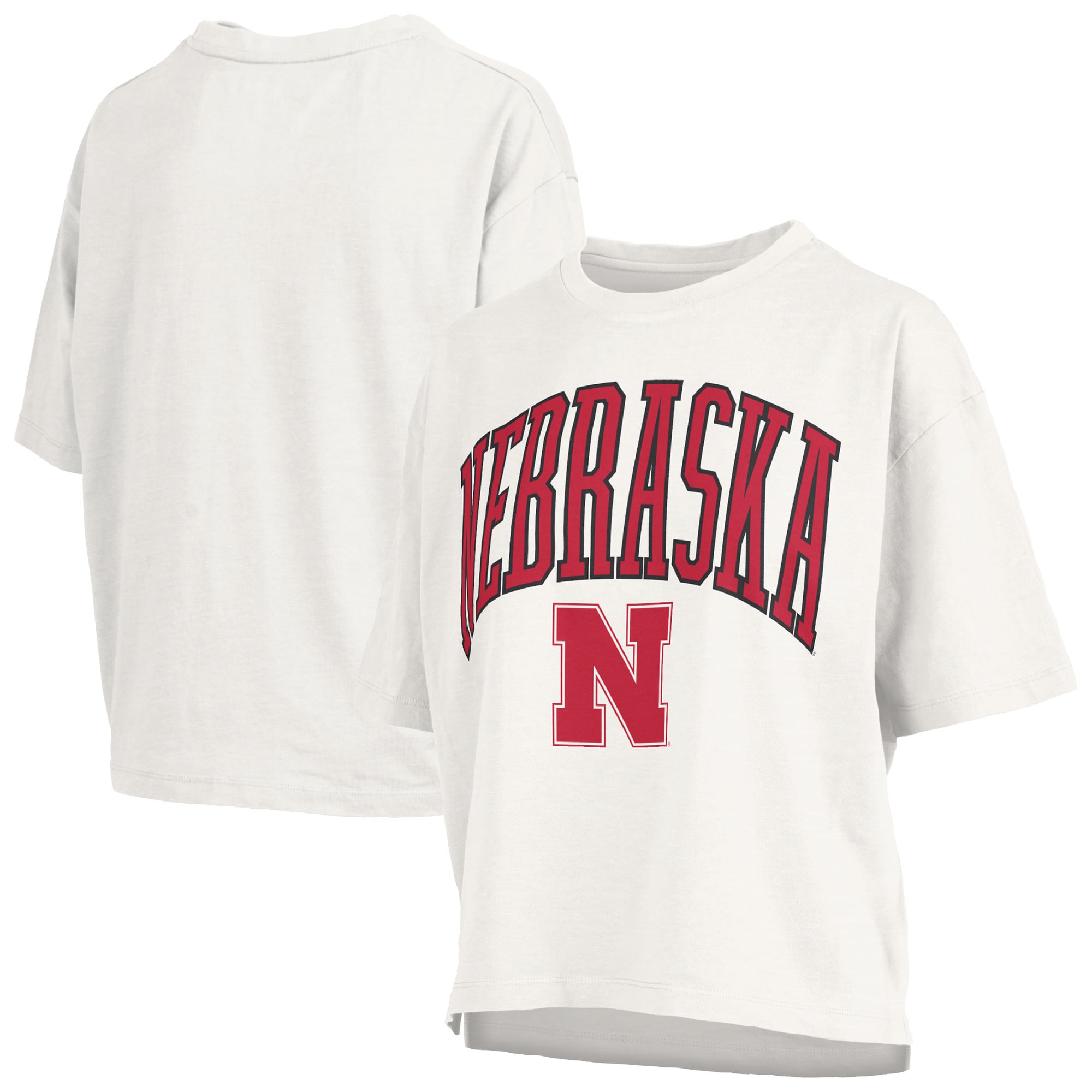 T-shirt à manches longues pour femmes Pressbox White Nebraska Huskers avec logo Nelson Arch Over.