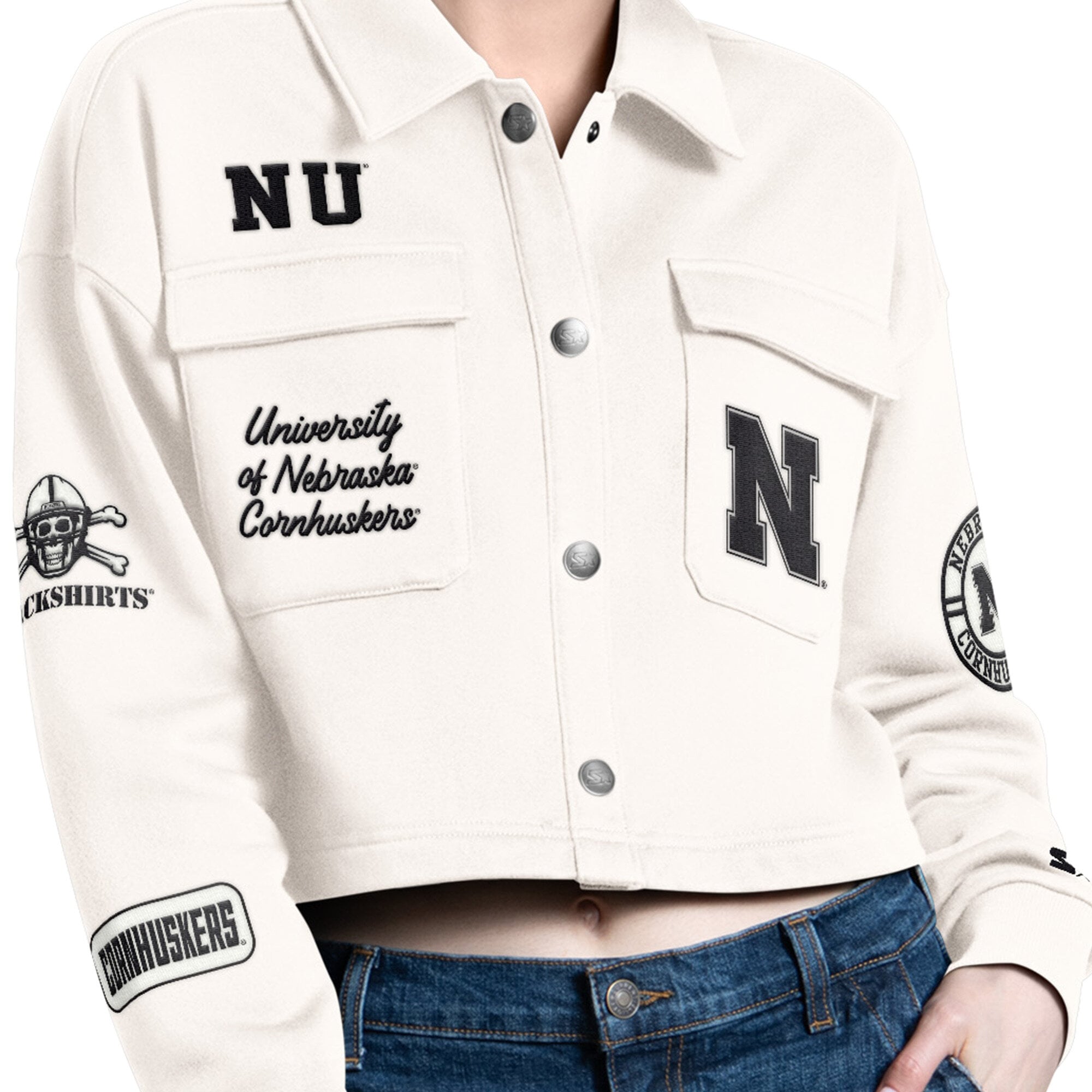 Surchemise courte à boutons-pression Nebraska Huskers Anchor, couleur crème Starter Cream, pour femme